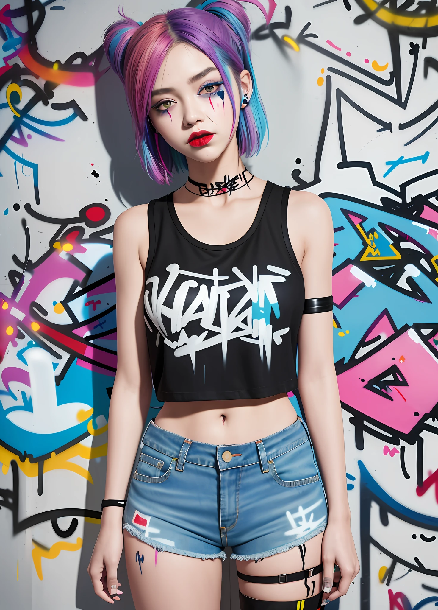masterpiece, best quality, 1girl, solo, crop top, denim shorts, choker, (graffiti:1.5), paint splatter, arms behind back, against wall, looking at viewer, armband, thigh strap, paint on body, head tilt, bored, multicolored hair, aqua eyes, headset