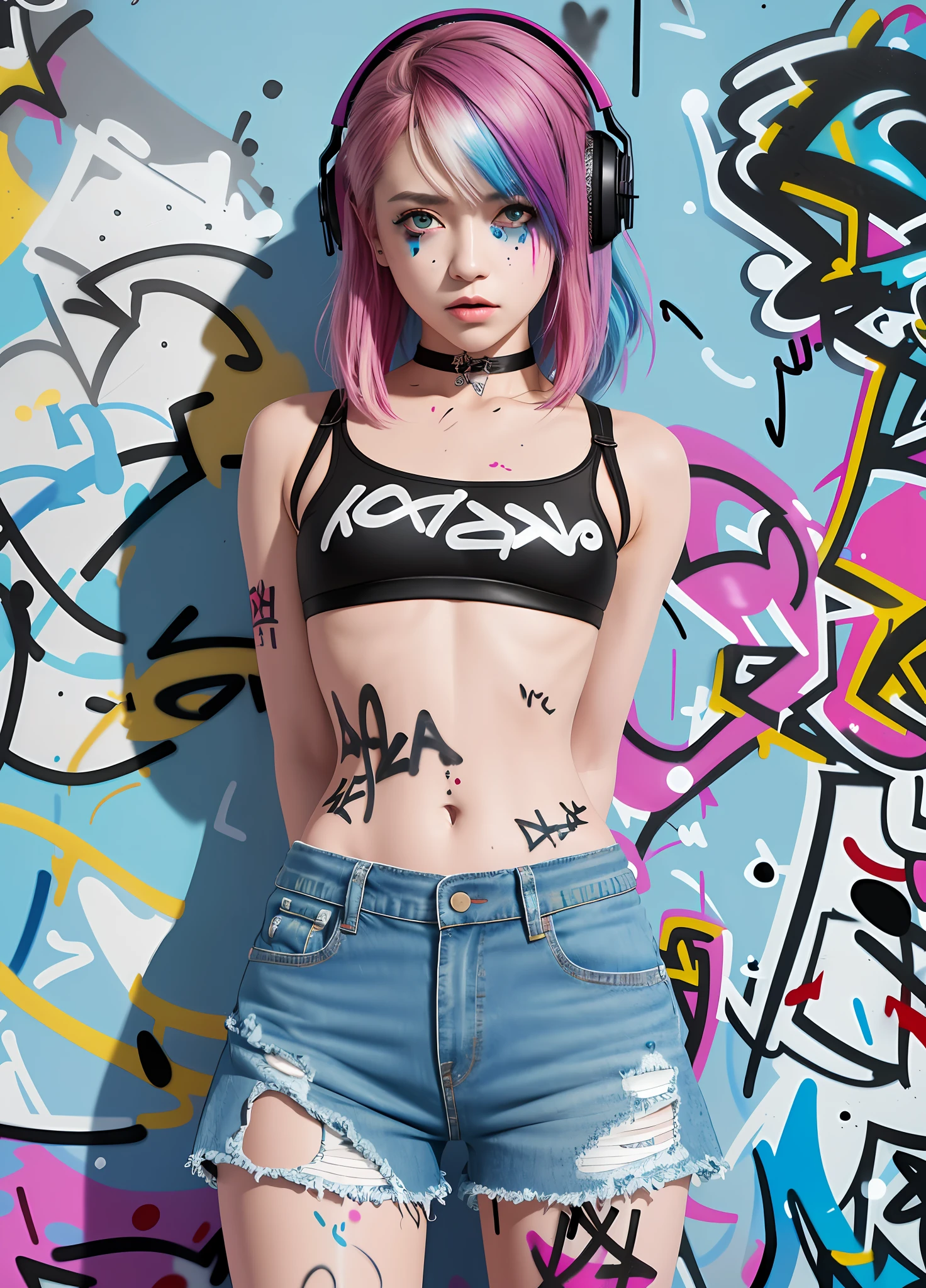 masterpiece, best quality, 1girl, solo, crop top, denim shorts, choker, (graffiti:1.5), paint splatter, arms behind back, against wall, looking at viewer, armband, thigh strap, paint on body, head tilt, bored, multicolored hair, aqua eyes, headset