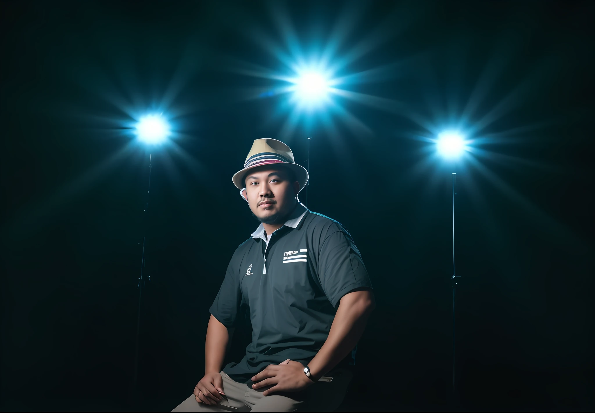 there is a man sitting on a stool in front of three lights, dramatic portraiture of namenlos, posing in dramatic lighting, photography portrait, mid shot portrait, shot at dark with studio lights, shot at night with studio lights, photo portrait, well lit professional photo, with professional lighting, dramatic portraiture of uuen, ( low key light )