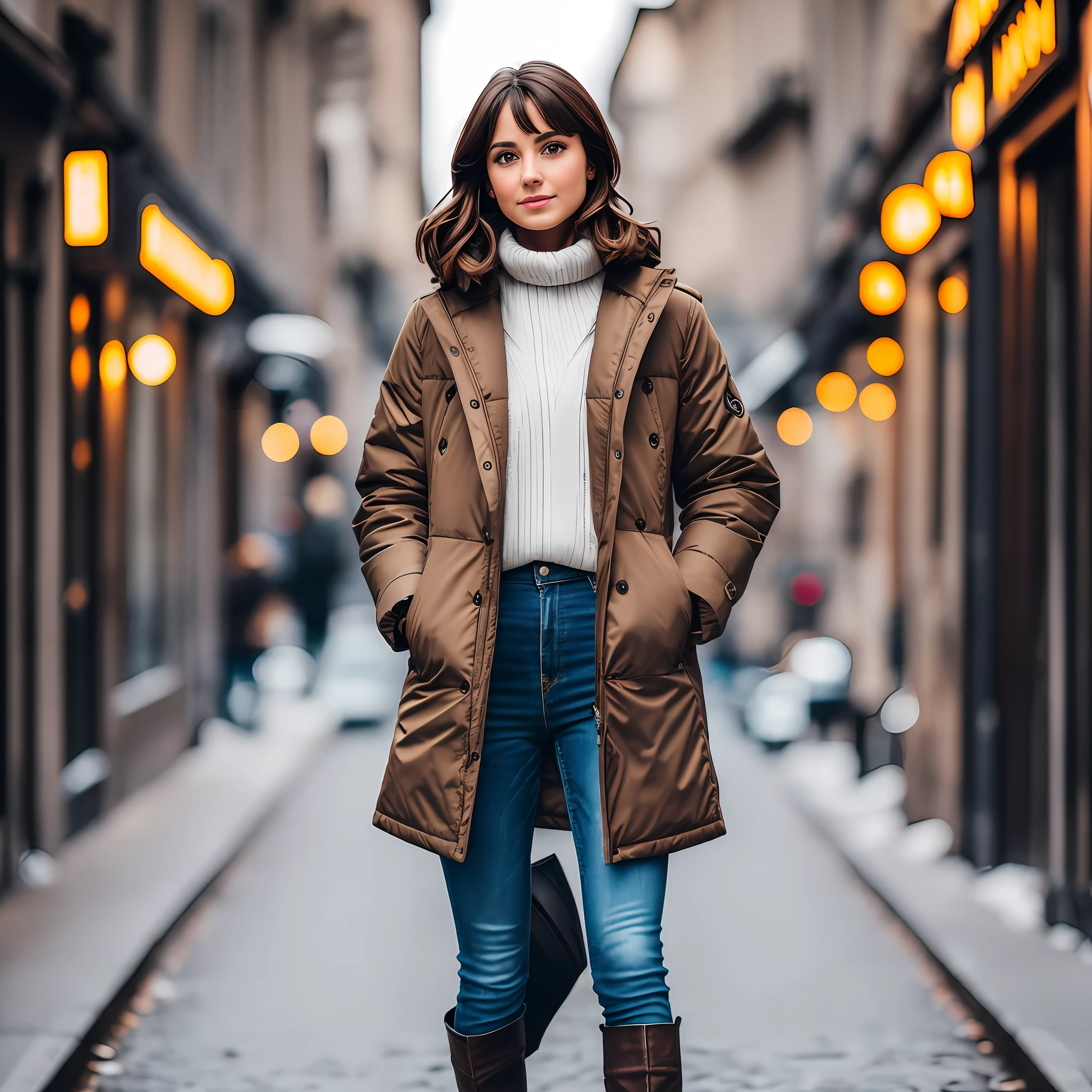 This look of stylish woman, cold day, full body, woman with short wavy brown hair, detailed, sharpness, details + professional lighting, photographic lighting + 50mm, 80mm, 100m + gallery lightroom + behance photographs + unsplash --air 2:3 --auto --s2