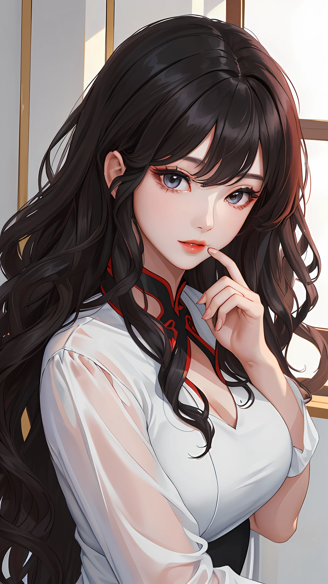 (masterpiece, top quality: 1.4), watch viewer, close-up, Chinese beauty, tight dress, crimson lips, beautiful eyes, mature
(wavy hair: 0.8), long hair, black hair,