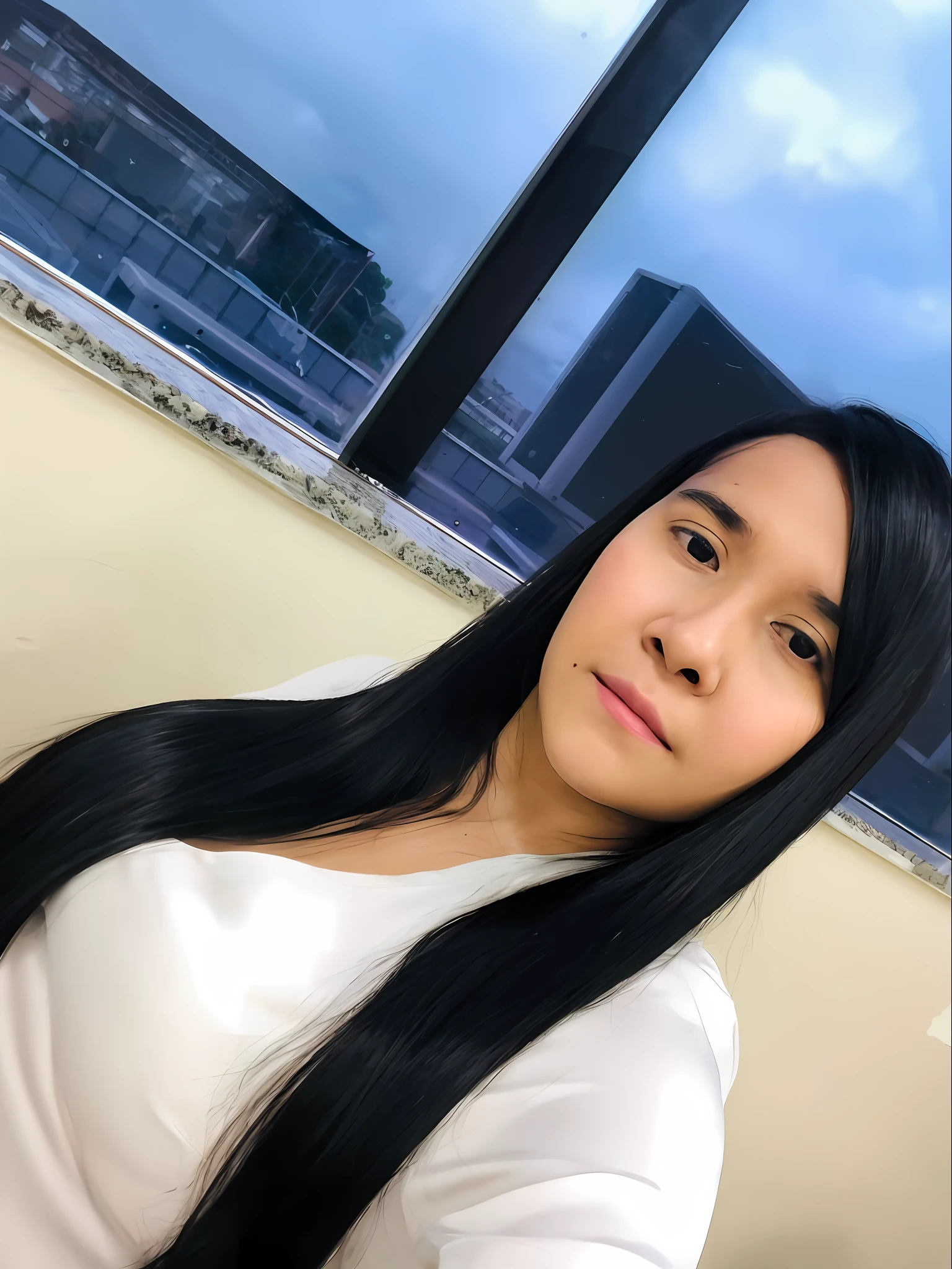 there is a woman with long black hair sitting in front of a window, female with long black hair, alanis guillen, headshot profile picture, professional profile picture, 2 7 years old, with long hair, ayahausca, cindy avelino, 2 8 years old, 3 0 years old woman, headshot photo, 30 years old woman