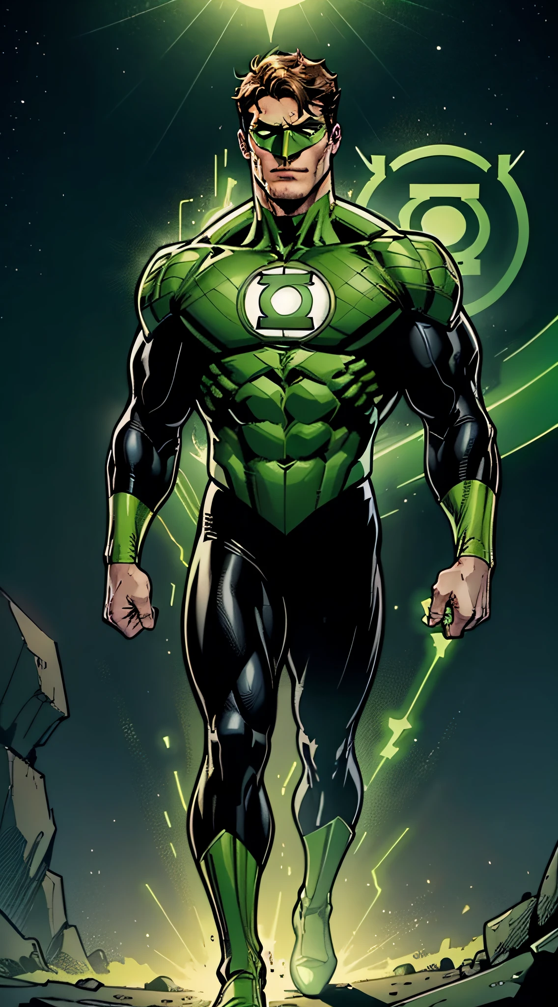 Green Lantern, Hal Jordan, full body shot, face of a 30s, tall, hunk, lean muscle, short hazel hair, neon green and black suit, light neon green lantern logo on the chest, best quality, masterpiece, high resolution, ((green ring)) on his right middle finger, dark green eyes mask, straight face, detailed face, detailed suit