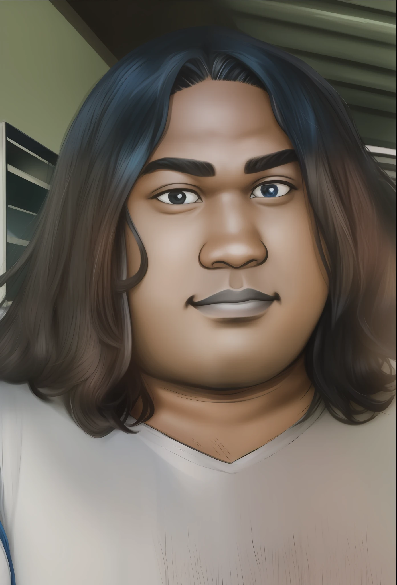 Fat 20-year-old man, dark skin, long straight hair, blue shirt with black stripes horizontally, with gray background, slightly smiling, selfie