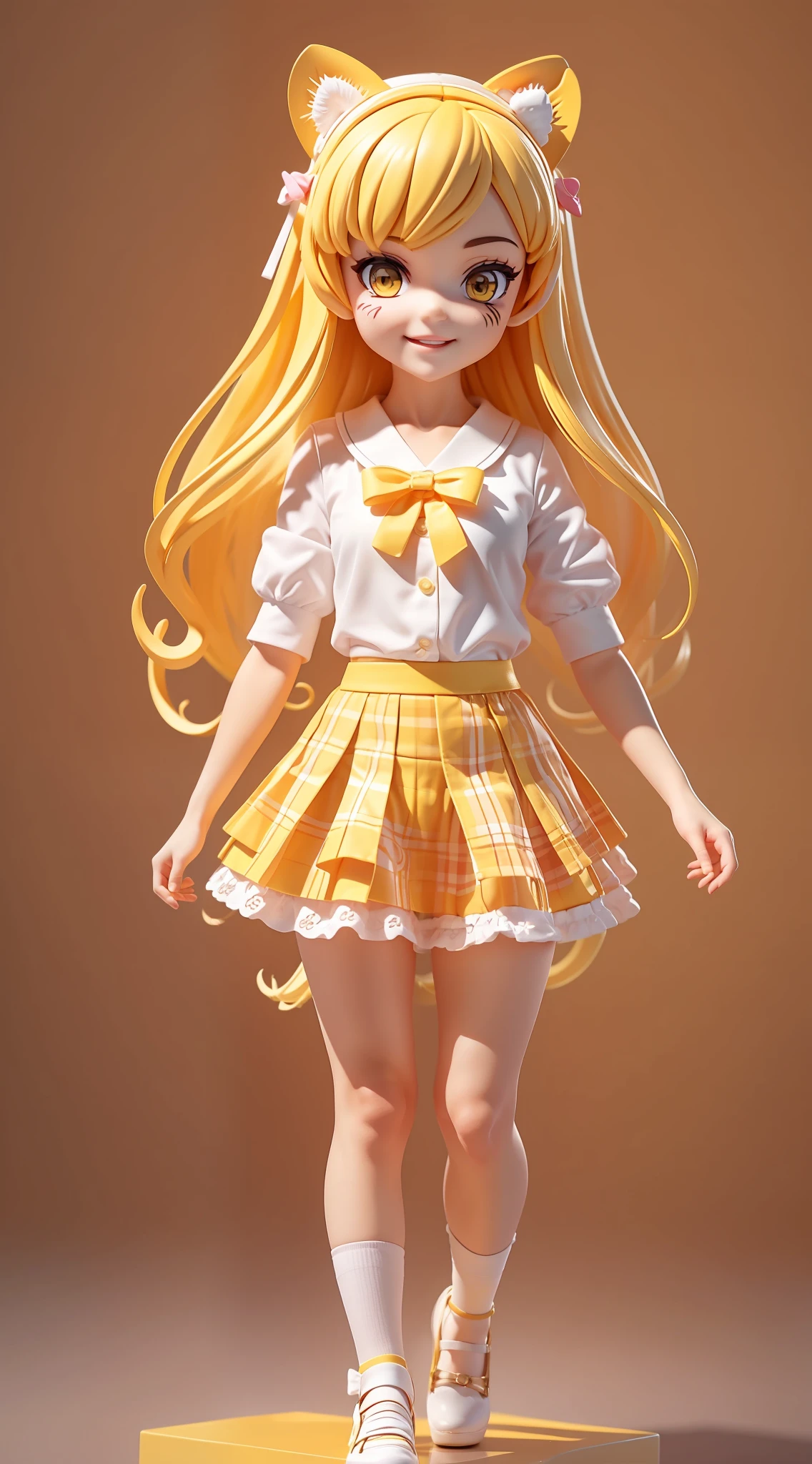 1girl, （Anatomically correct）, fullybody, (white blouse:1.1), (Plaid skirt: 1.1), school gym uniform, Short white lace skirt, Tiger stockings, Wear yellow high heels on your feet, Broken [yellow: pink: 0.5] theme, (gradient background: 1.1), long long hair, Hair rings with tiger ears, Yellow eyes, smileing, Delicate headdress, Clay texture, blind box toy style, sideways, panorama, (masterpiece:1.1), (best quality:1.1)