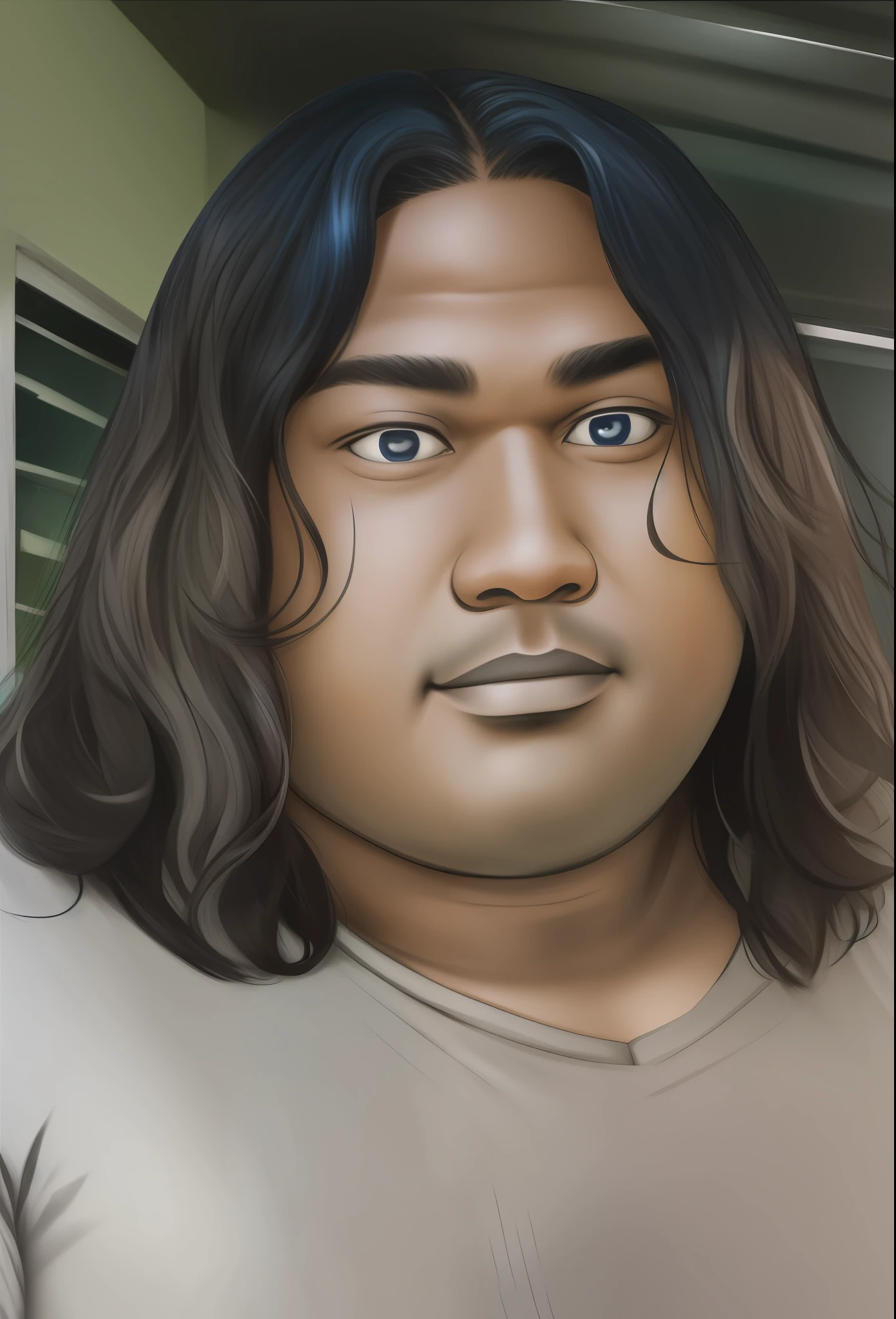 Fat 20-year-old man, dark skin, long straight hair, blue shirt with black stripes horizontally, with gray background, slightly smiling, selfie