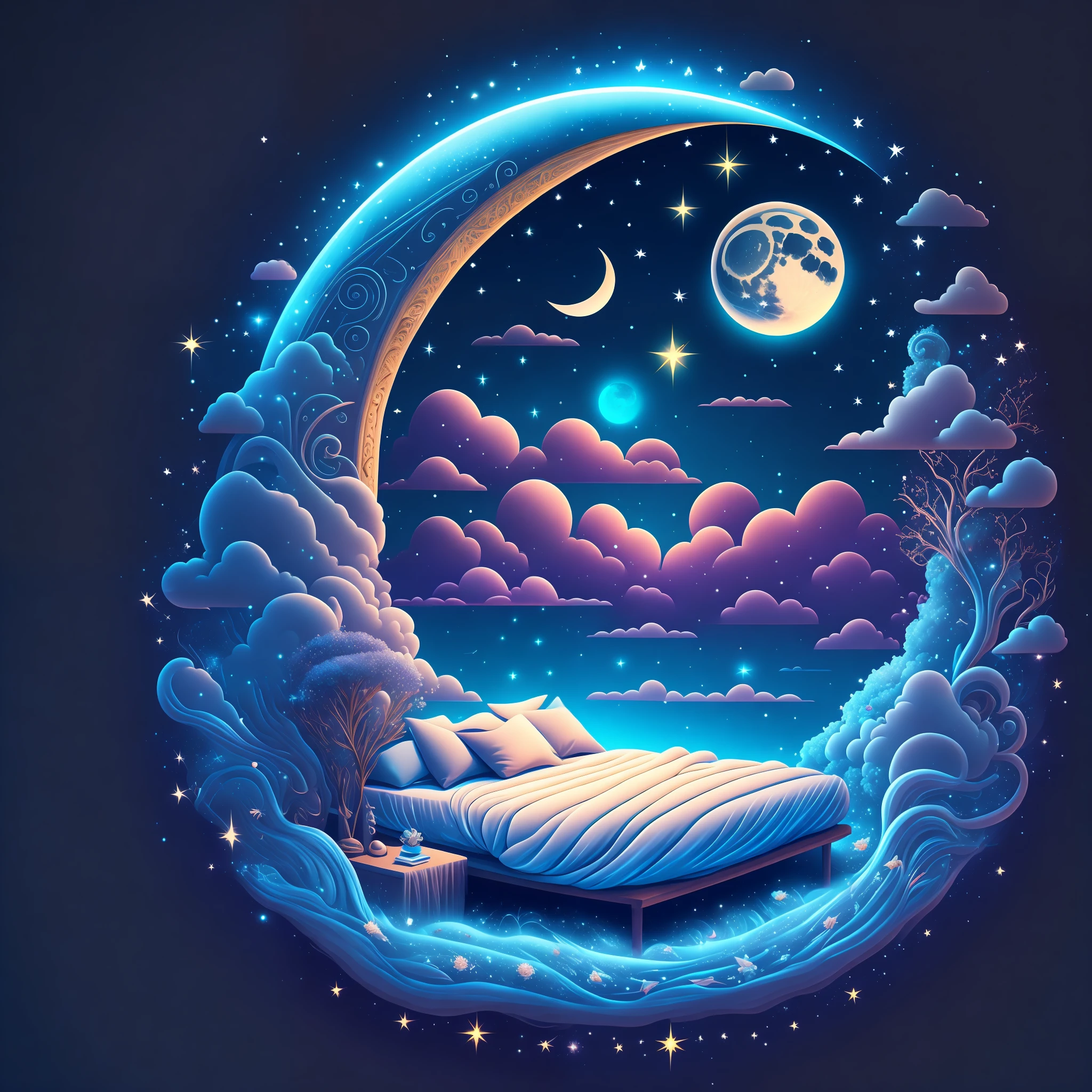 Waning moon with sleeping bed in center, night, detailed illustration, cartoon, magic elements, bright particle effects, super detailed, center, rule of thirds, clean background