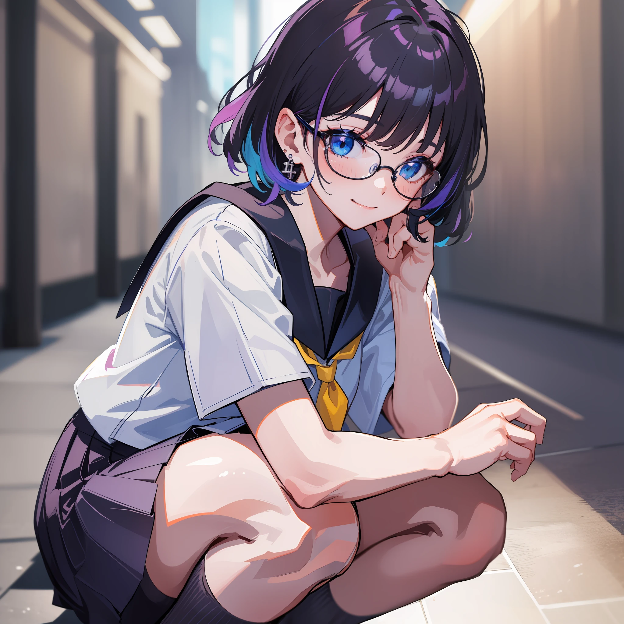 (masterpiece), ((highest quality)), (super detailed), 1 girl, (iridescent hair, colorful hair), school hallway, blue eyes, big black-rimmed glasses, medium short hair, squatting, 15 years old, school uniform, skirt, socks, seraphk, neckerchief, sailor color, pleated skirt, white socks, blue skirt, short sleeve, shirt, white shirt, blue sailor collar, blue neckerchief ,, Blush, bangs, smile, blue eyes, perfect hands, hand details, corrected fingers. earrings, looking_at_viewer, cowboy shots, top quality, rich details, perfect image quality,