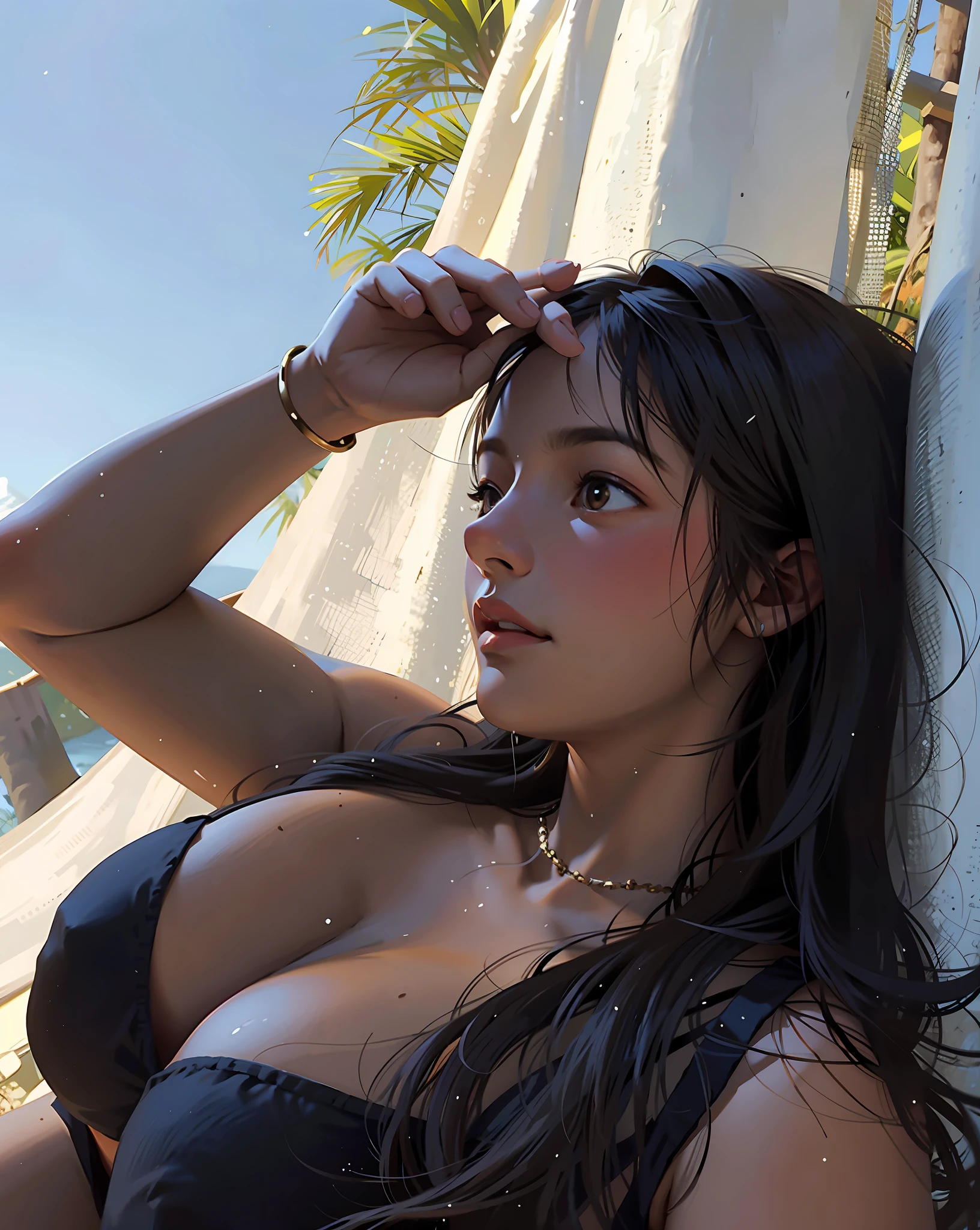 a hyper-realistic portrait of a young woman, half asleep, under a tree, inside a forest, lots of rain, in the middle of nature, 22 years old, realistic, (lying on her side), she is wearing a red panties, (wearing minimal dress), sexy, (huge breasts 2:1), wet clothing, short brown hair, (hair tied with bows), curved, SFW
