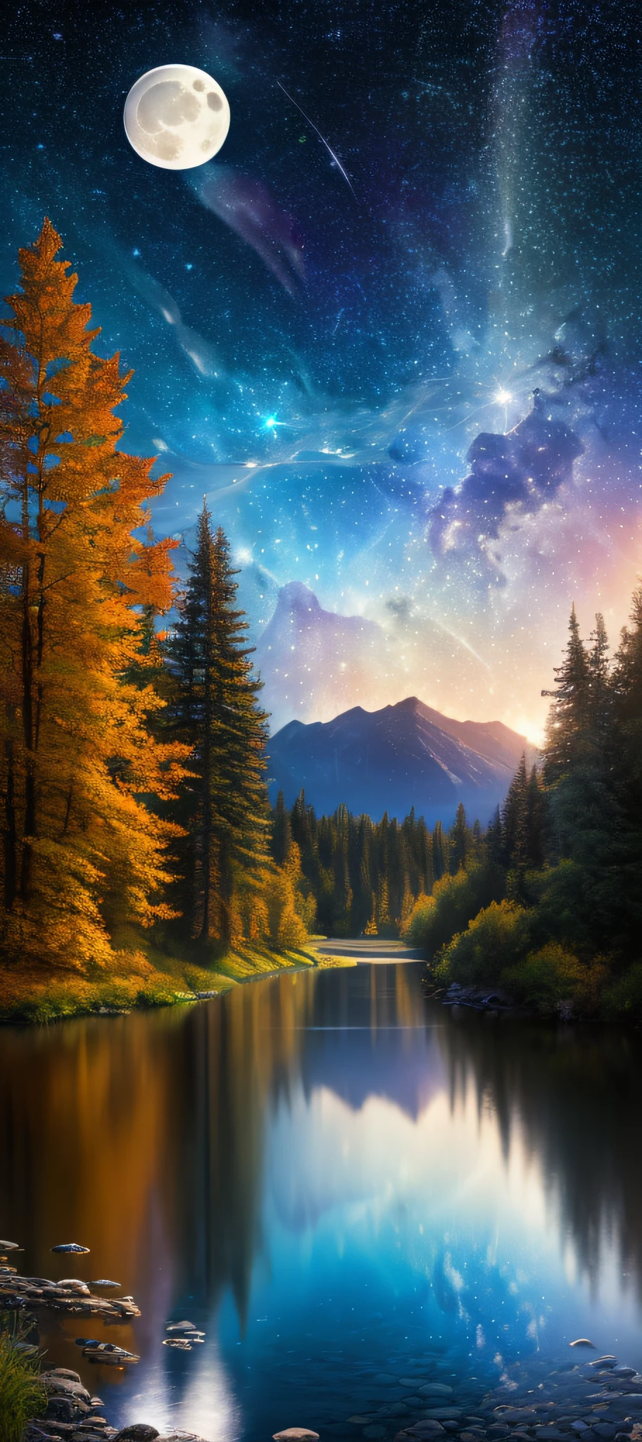 Masterpiece, 8k wallpapers, extremely detailed, best quality, high quality, landscapes. ((Colorful sky)), clouds, (((Full moon, nebula and background stars))), (high mountains), Panorama, , Detail enhancement, Detail enhancement, Flawless. Award-winning photography, Depth of field, HDR, Photorealism, Highly detailed, Intricate, High detail, Dramatic, ((color image)), ((single image)), night, realistic, ((vivid colors)), ((light rays, rays)), mini river, image reflecting in water,