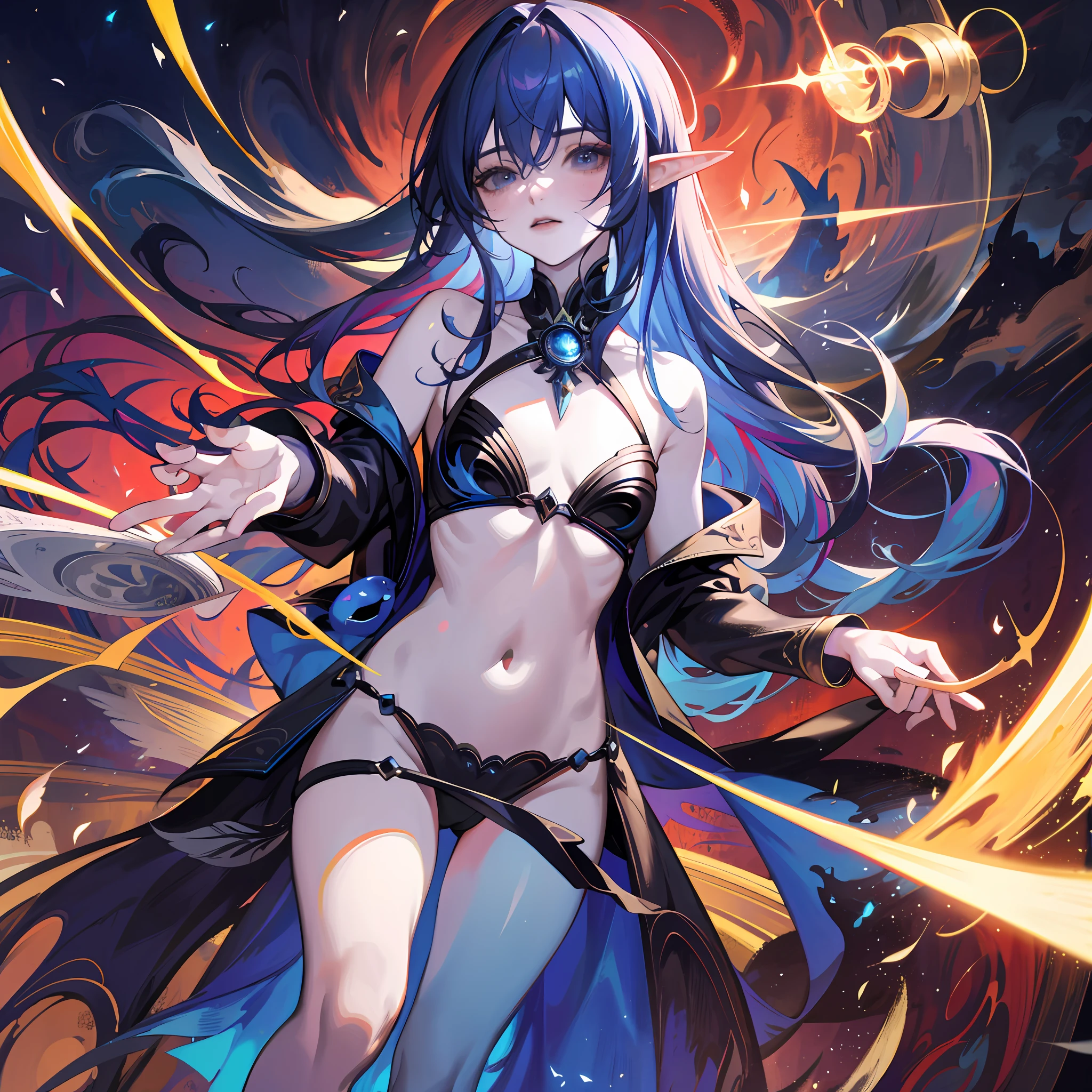 death, blood, night, darkness, (fantasy), infinity, deep blue sky, abyss of knowledge, knowledge, ((masterpiece)),(((extreme))),((beautiful detailed eyes)),(eyelashes) , monster, (1 female), blue hair, long hair, abyssal eyes, shiny skin, oil, small chest, (bird body, feathers), rags, Tzeentch, elf, extremely fine CG unity 8k wallpaper, masterpiece ,((ultra-detailed)),((illustration)), colorful, wallpaper, energy, unknown horror, arcane, magic surrounding, magic surrounding, magic wand, book pages, flying all over the sky, knowing what it is, predicting the future, understanding the past , Infinite Wisdom, Blue Flame, Warlock, Magic Circle, Pentagram, Mantra, Mantra, Singing Magic,