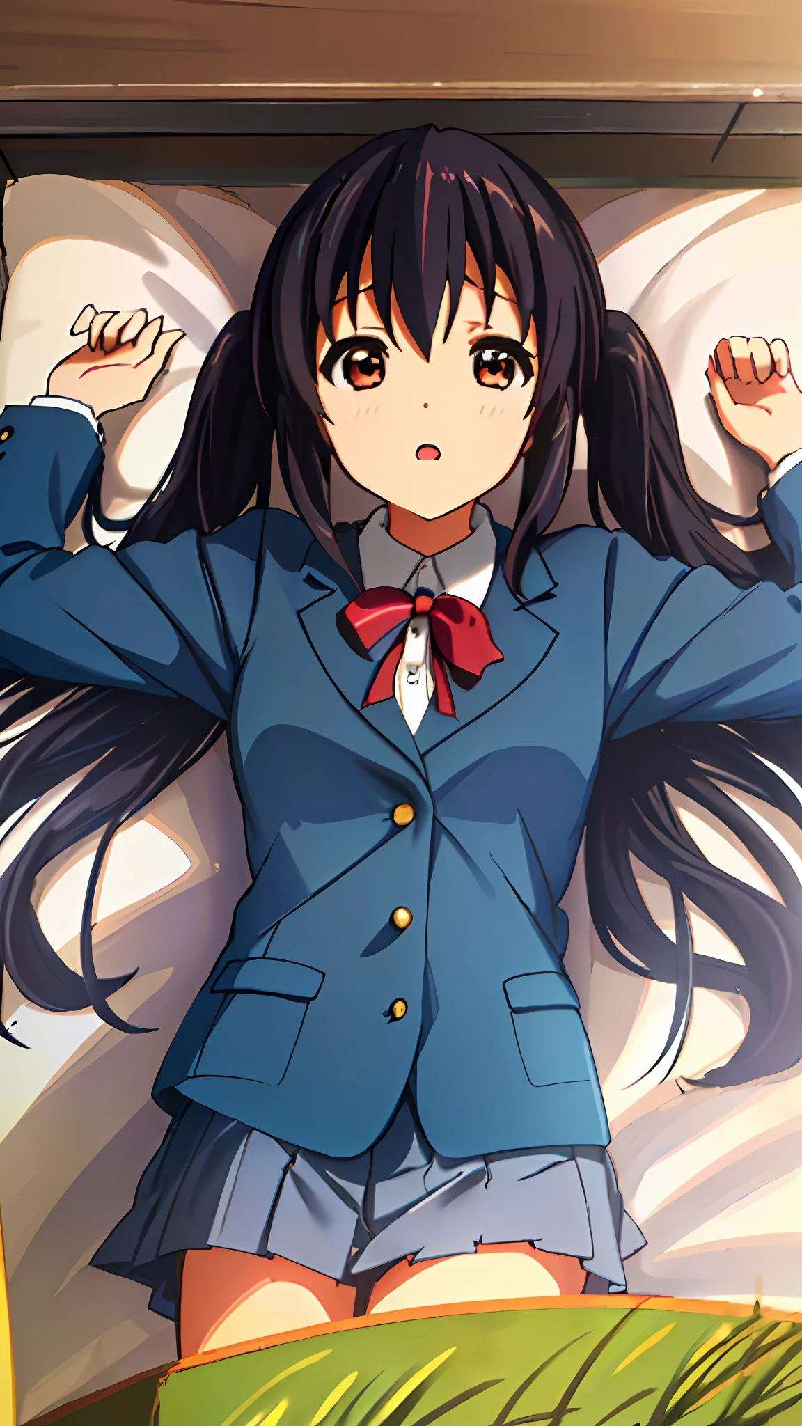 1girl, ((((Masterpiece))), Best Quality, Best Quality, High Detail, Azusa Nakano, 1girl, Sakuragaoka High School Uniform, Musical Instrument, School Uniform, Twin Tails, Long Hair, Black Hair, Brown Eyes, Solo, Red, Dark blue blazer with a thin ribbon of red, Solid white button shirt under blazer, Illustration, Cartoon, Soothing tones, Muted colors, Soft cinematic light, Adobe Lightroom, Photo Lab, HDR, complex and highly detailed, (((depth of field))))). (((Masterpiece))). (((highest quality))).) ((super detail))). (((Illustration))). (((Outside))). (((fighting stance))).,(((Lying down))).dynamic focus.small breasts.. (((Face of sadness))). Open mouth.Close your eyes.Spread your arms.Ground.Lie on your back.