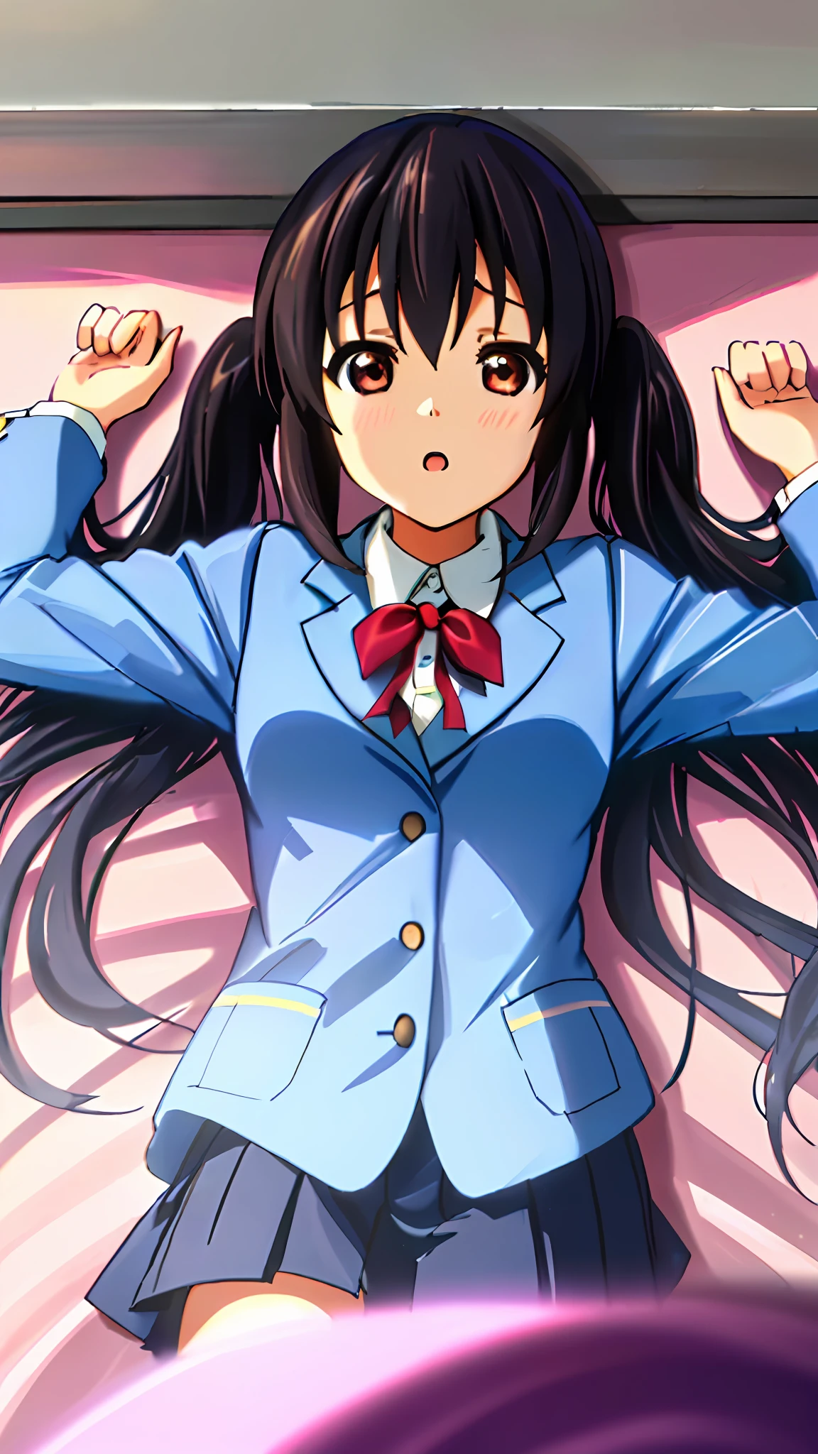 1girl, ((((Masterpiece))), Best Quality, Best Quality, High Detail, Azusa Nakano, 1girl, Sakuragaoka High School Uniform, Musical Instrument, School Uniform, Twin Tails, Long Hair, Black Hair, Brown Eyes, Solo, Red, Dark blue blazer with a thin ribbon of red, Solid white button shirt under blazer, Illustration, Cartoon, Soothing tones, Muted colors, Soft cinematic light, Adobe Lightroom, Photo Lab, HDR, complex and highly detailed, (((depth of field))))). (((Masterpiece))). (((highest quality))).) ((super detail))). (((Illustration))). (((Outside))). (((fighting stance))).,(((Lying down))).dynamic focus.small breasts.. (((Face of sadness))). Open mouth.Close your eyes.Spread your arms.Ground.Lie on your back.