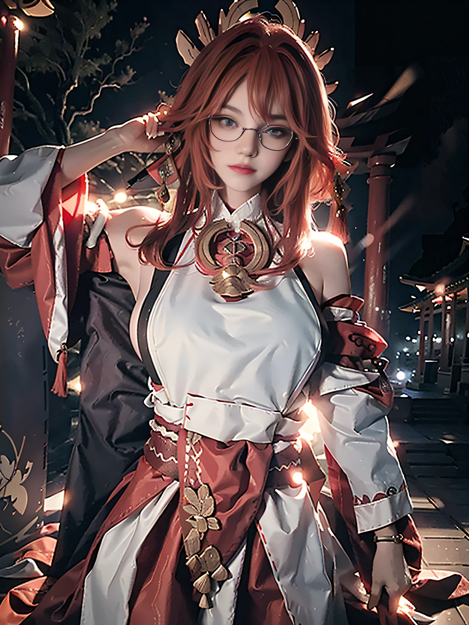 Masterpiece, 4k, super detailed, 1 beautiful girl, Yae Miko, delicate facial features, perfect face, red and white clothes, metal frame glasses, big breasts, big breasts, sexy appearance, plump boobs, sexy body type, posing for photos, outdoor environment, torii, temple, create a stunning realistic masterpiece with super high resolution and cinematic lighting. Use original photos of 1 girl off-the-shoulder dress to show the best quality in your art.