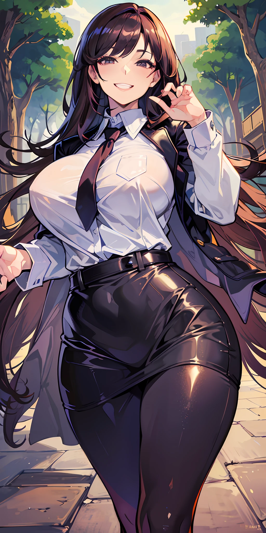 (Masterpiece: 1.6, Best Quality), (Fine and Beautiful Eyes: 1.2), (Overhead), High Quality, Beautiful Face, 1girl, Leather Tight Skirt, Extra Large Leather Jacket, Big Tits, Long Hair, Wide Hips, (Landscaped), Street, Background, Detail Background, Spooky Grin, Angled Laughter at the Corners of Mouth, Long Coat, Shirt, Tie, Office Lady, Mature