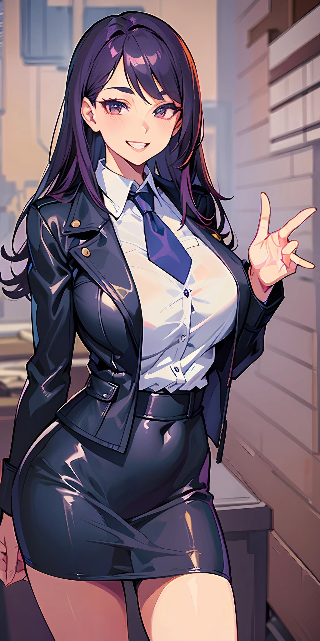 (Masterpiece: 1.6, Best Quality), (Fine and Beautiful Eyes: 1.2), (Overhead), High Quality, Beautiful Face, 1girl, Leather Tight Skirt, Extra Large Leather Jacket, Big Tits, Long Hair, Wide Hips, (Landscaped), Street, Background, Detail Background, Spooky Grin, Angled Laughter at the Corners of Mouth, Long Coat, Shirt, Tie, Office Lady, Mature