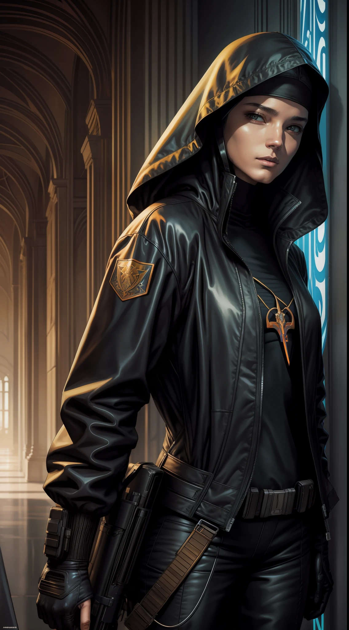 art by moebius, art by jay anacleto, 1nun with techwear jacket, sexy tech clothes, art by moebius, art by jay anacleto