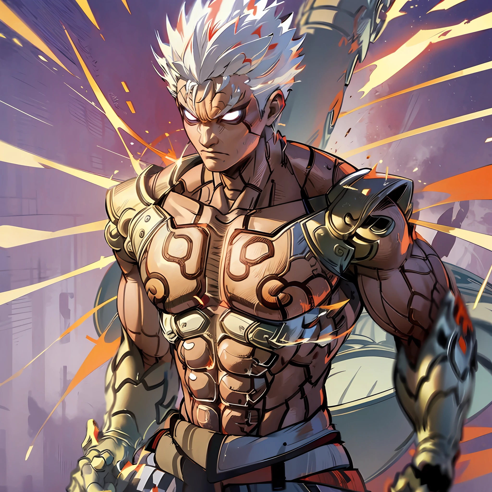 Anime boy,Asura,white hair,short spiky hair,wearing white outfit,makrings all over the body,red Aura, destroyed ground,red outlines on the body, perfect hands,close up shot, muscular athletic body, serious face,mantra,highest quality digital art, Stunning art, wallpaper 4k,8k,64k, HD, unparalleled masterpiece, dynamic lighting, cinematic, epic