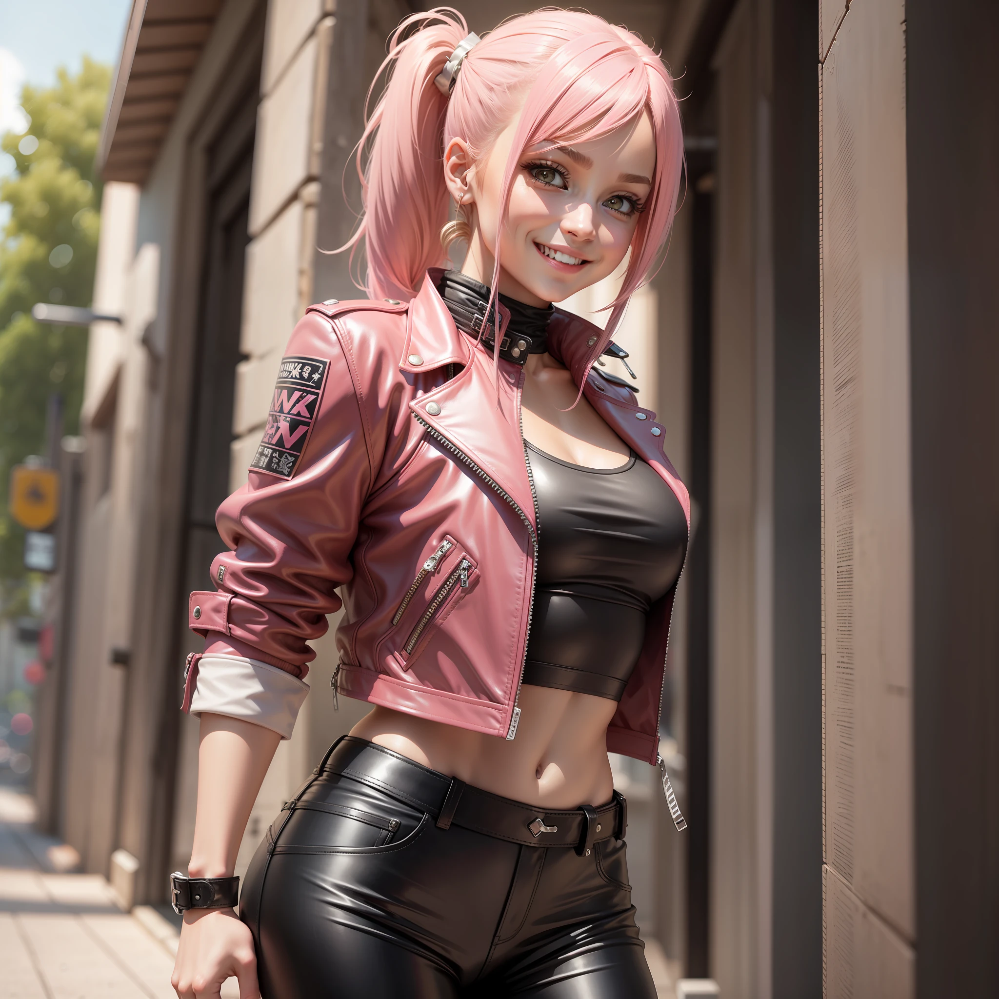 Leather Pants Girl Pink Hair Ponytail Twin Tails Blonde Hair Best Quality Beauty Leather Jacket Smile Masterpiece Beauty Girl Girl Smile Beauty Leather Jacket