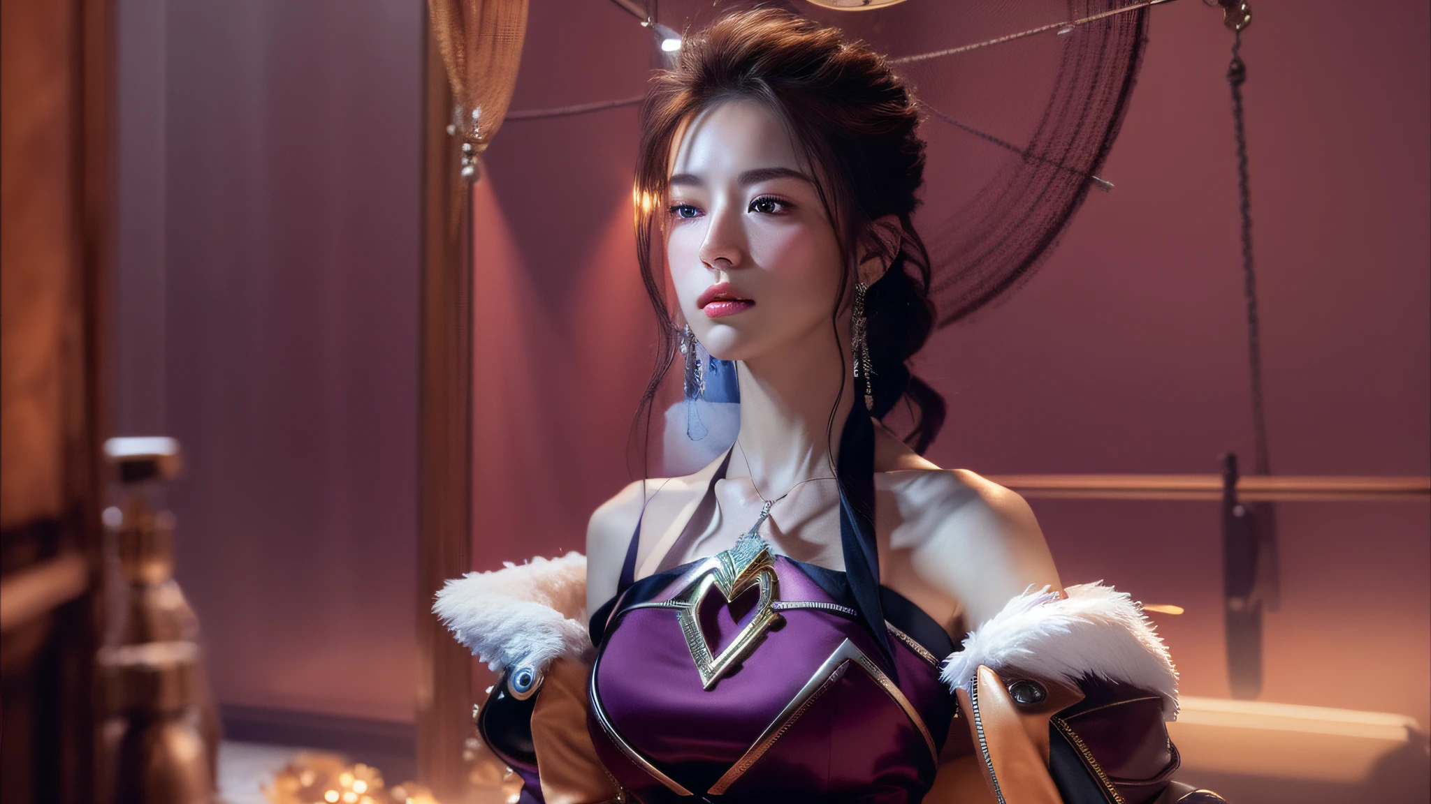 ((Top Quality, 8K, Masterpiece: 1.3)), Collarbone, RAW Photo, (Open Eyes) Portrait, Best Quality, (White Clothing) Ultra High Resolution, Realistic, Cinematic Lighting, Depth of Field, Lens Halo, Ultra Detailed Face, Highly Detailed Lips, Detailed Eyes, Double Eyelids,