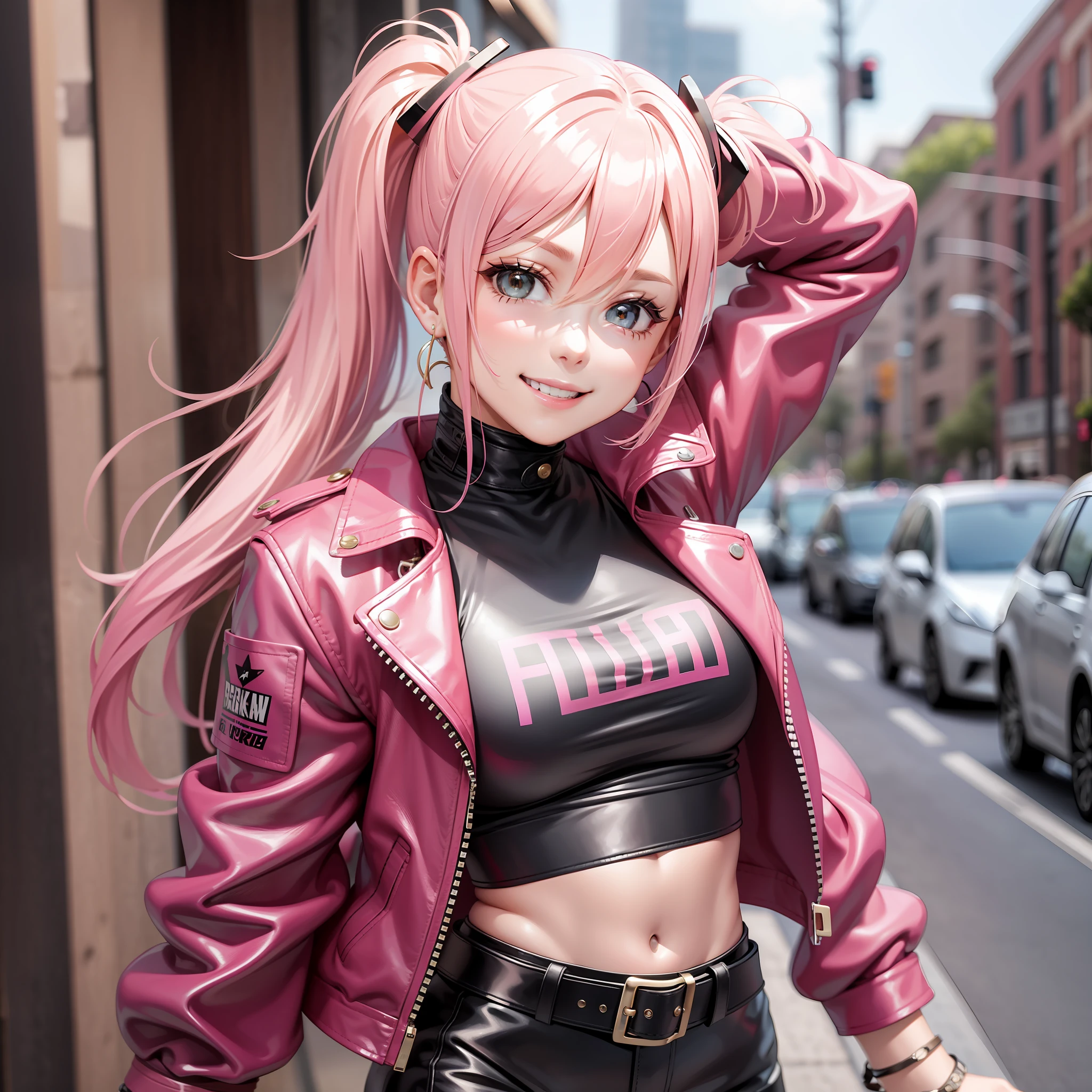 Leather Pants Girl Pink Hair Ponytail Twin Tails Blonde Hair Best Quality Beauty Leather Jacket Smile Masterpiece Beauty Girl Girl Smile Beauty Leather Jacket