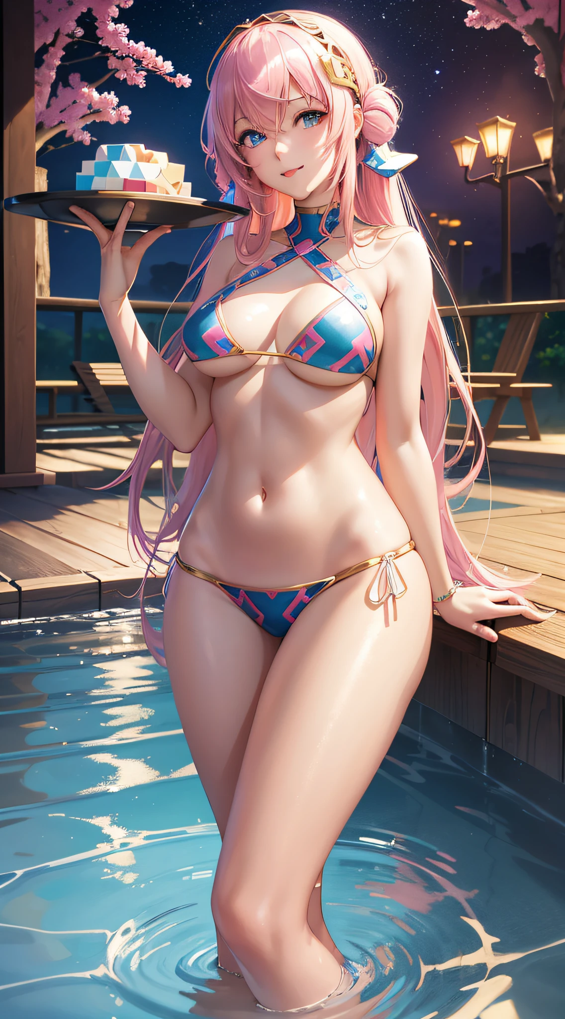 Megurine Luka, photorealistic, (seductive anime girl), beautiful style, beautiful attractive anime woman, (full body), smile, masterpiece portrait, 3D face, glowing blue eyes, shiny hair, (bikini with pink and white geometric pattern), poolside, night, full body, (naked), (sleeping),