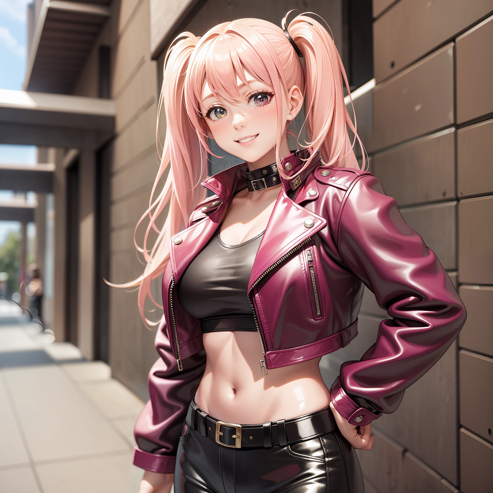 Leather Pants Girl Pink Hair Ponytail Twin Tails Blonde Hair Best Quality Beauty Leather Jacket Smile Masterpiece Beauty Girl Girl Smile Beauty Leather Jacket