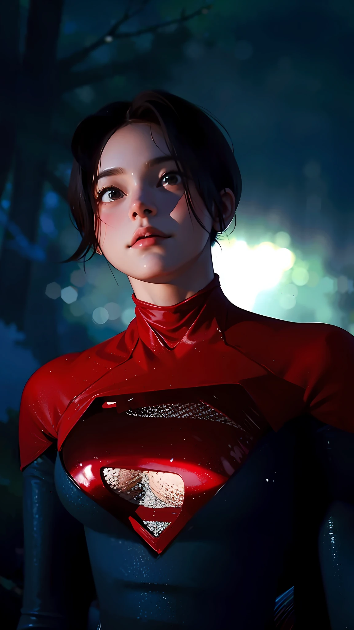 a hyper-realistic portrait of a young woman, half asleep, under a tree, inside a forest, lots of rain, in the middle of nature, 22 years old, realistic, (lying on her side), she is wearing a red panties, (wearing minimal dress), sexy, (huge breasts 2:1), wet clothing, short brown hair, (hair tied with bows), curved, SFW