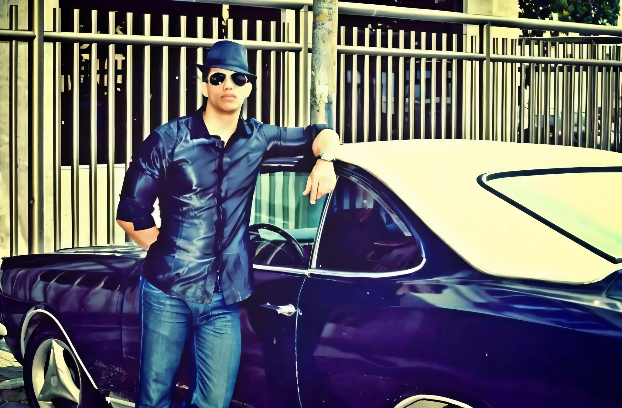 Araffe man leaning against a car with his hand on the door, background tower eiffel, Andres Rios, lowrider style, profile picture, standing in front of lowrider, swagger! lowrider culture, high quality upload, profile picture, alex yanes, full body photo!!, photo shoot, profile picture, amr elshamy, street photo, mohamed chahin style, beto val