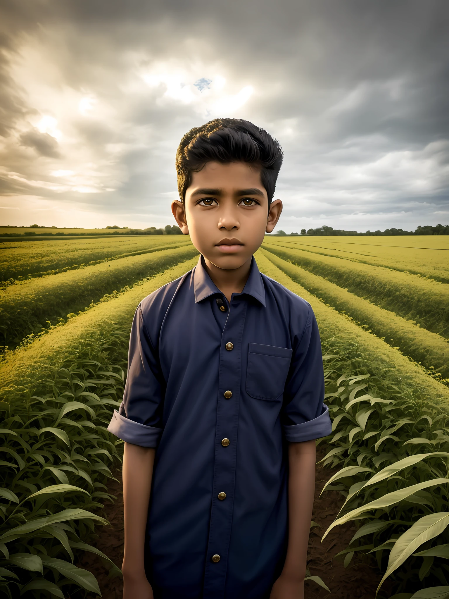 arafed boy standing in a field of crops with a cloudy sky, vastayan, jayison devadas, boy with neutral face, portait image, young commoner, by Scott M. Fischer, absolutely outstanding image, vinayak, ayan nag, young boy, a boy, by Daniel Lieske, by Jeffrey Smith, he is about 2 0 years old