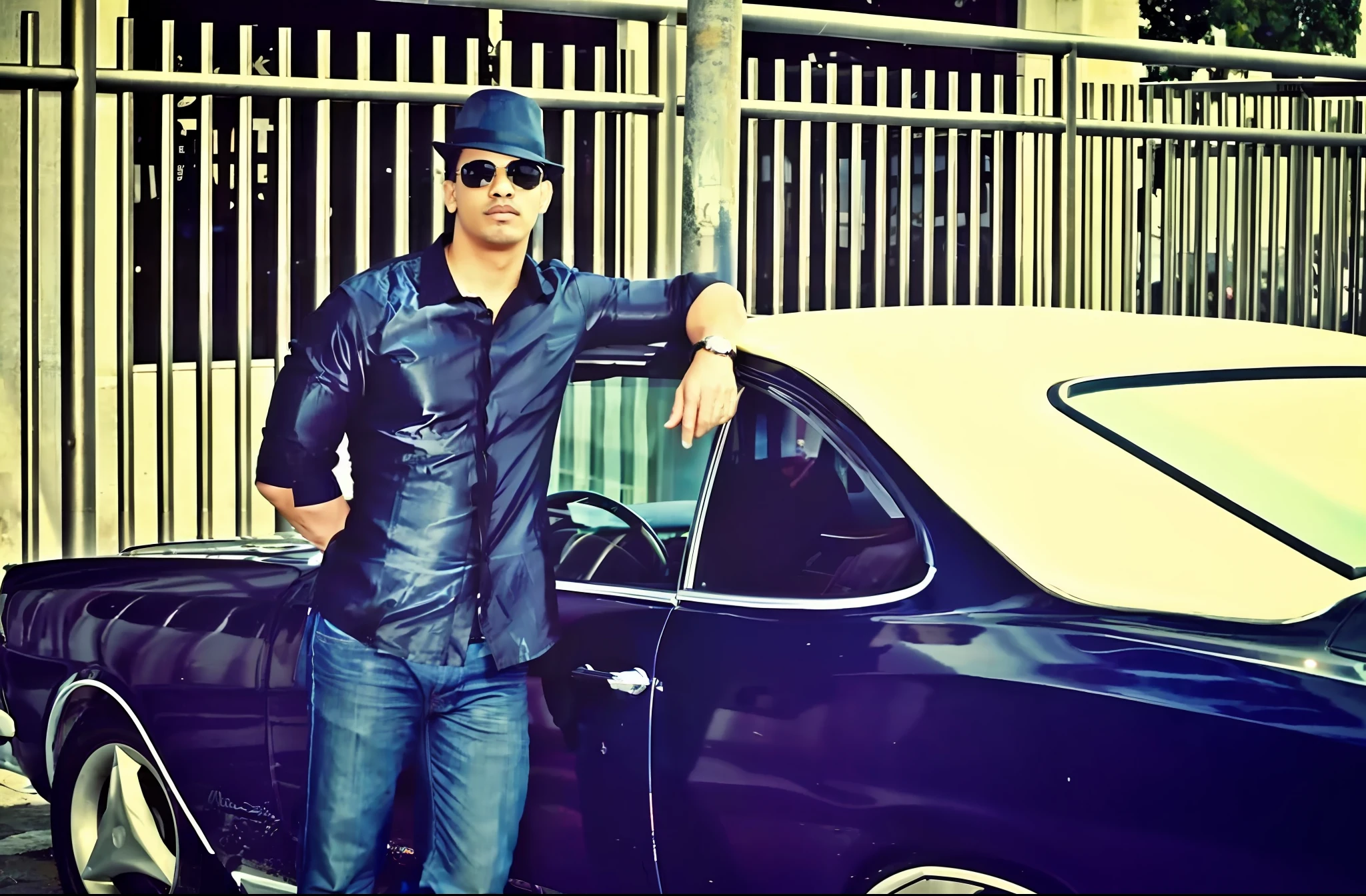 Araffe man leaning against a car with his hand on the door, background tower eiffel, Andres Rios, lowrider style, profile picture, standing in front of lowrider, swagger! lowrider culture, high quality upload, profile picture, alex yanes, full body photo!!, photo shoot, profile picture, amr elshamy, street photo, mohamed chahin style, beto val