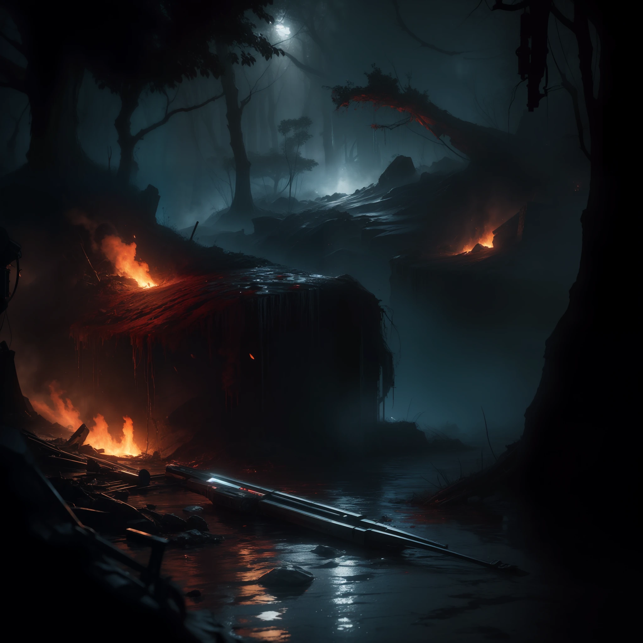 (Masterpiece, Epic Quality, Epic Realism, Ultra Resolution, 8K Photo Unity, Epic Detail: 1.1), (Blood Magic: 1.2), Death, Intricate Details, Dynamic Angle, The Most Beautiful Form of Chaos, Battlefield, (Corpses, Bloody Whirlwind, Ash Rain), Intricate Details, Water Splashes, Fire, Rim Lighting, Soft Lighting, (Professional Photography, Photorealism, Hyperrealism), Ray Tracing, HDR