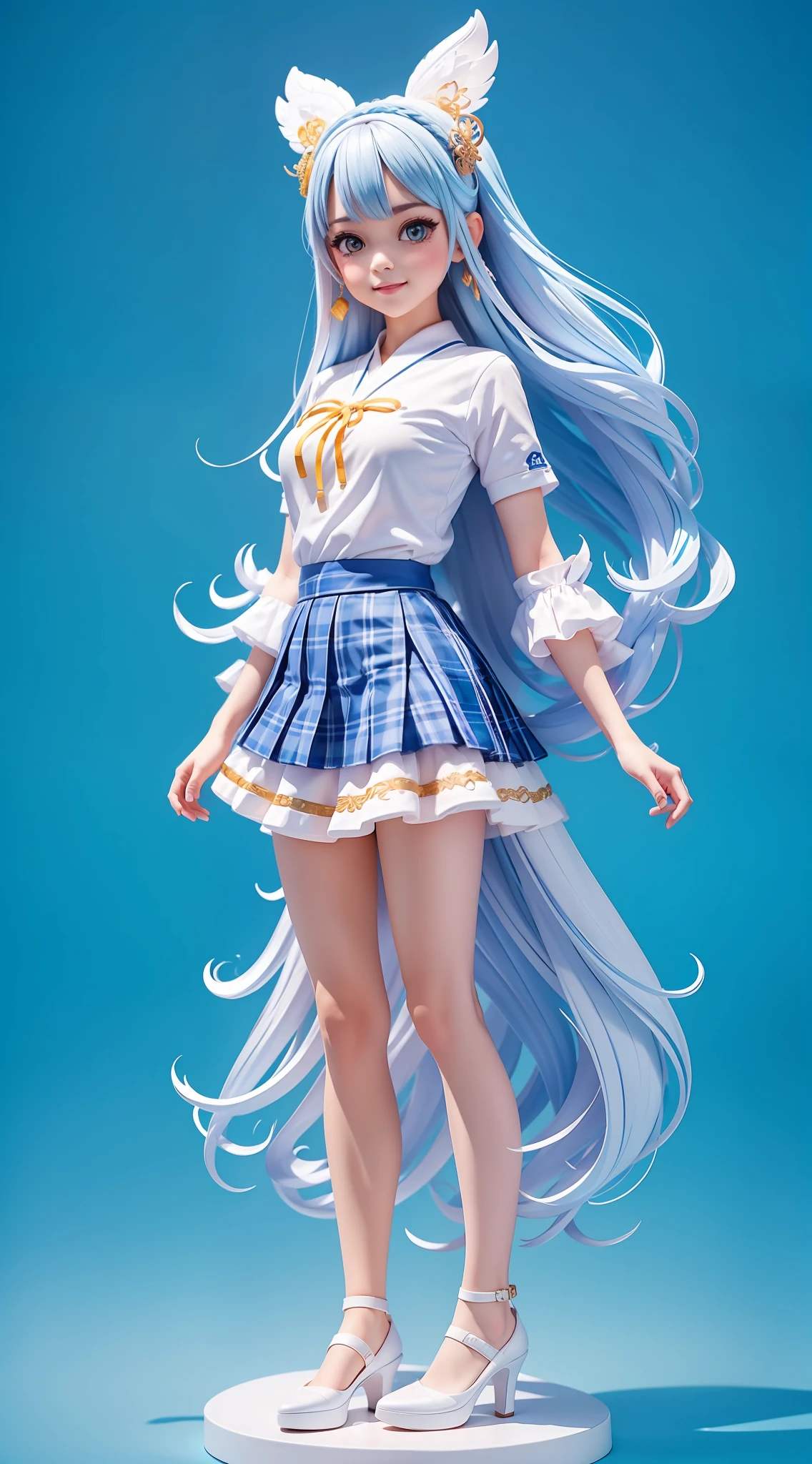 1girl, (anatomically correct), full body, (white shirt:1.1), (plaid skirt: 1.1), school sportswear, white lace skirt, stockings, blue high heels on feet, broken [blue: pink: 0.5] theme, (gradient background: 1.1), long hair, chinese dragon horn hair ring, yellow eyes, smile, delicate headdress, clay texture, blind box toy style, sideways, panorama, (masterpiece: 1.1), (best quality: 1.1)