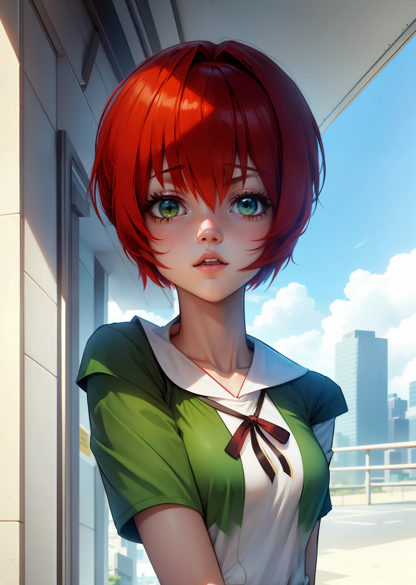 2d character, girl, young, teenager, girl, red hair, red hair, green eyes, t-shirt with gray sleeve, blue skirt, a white eye, board, small breasts, the background is an anime version of rio de janeiro --auto --s2