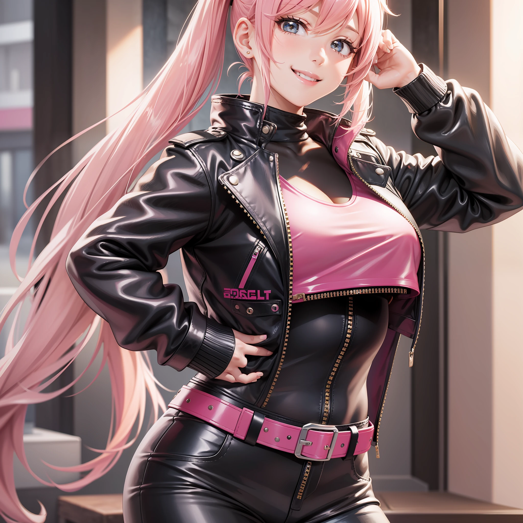 Leather Pants Girl Pink Hair Ponytail Twin Tails Blonde Hair Best Quality Beauty Leather Jacket Smile Masterpiece Beauty Girl Girl Smile Beauty Leather Jacket