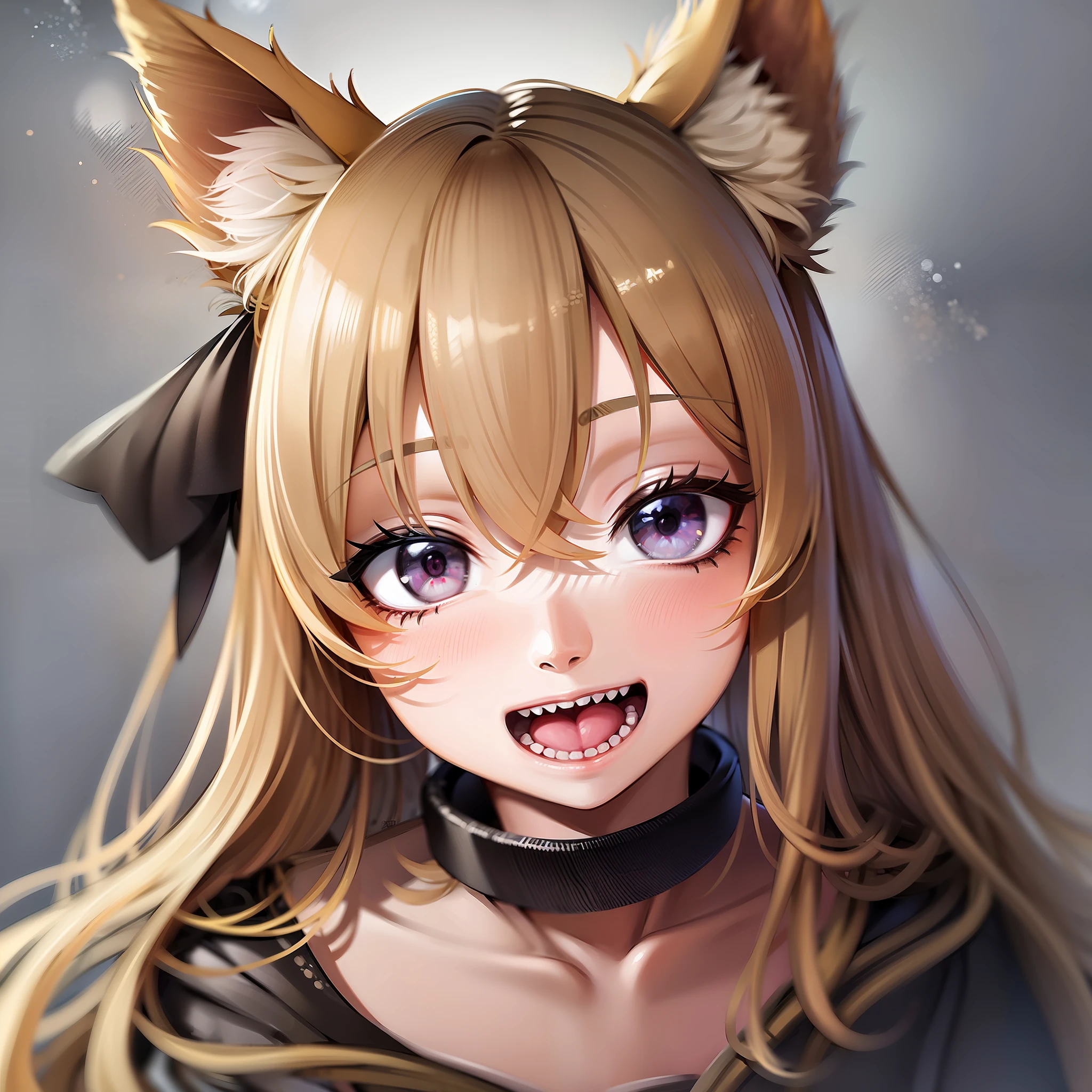 1girl,blonde hair, dog ears, open mouth,smiling, black eyes, looking at the viewer, barking