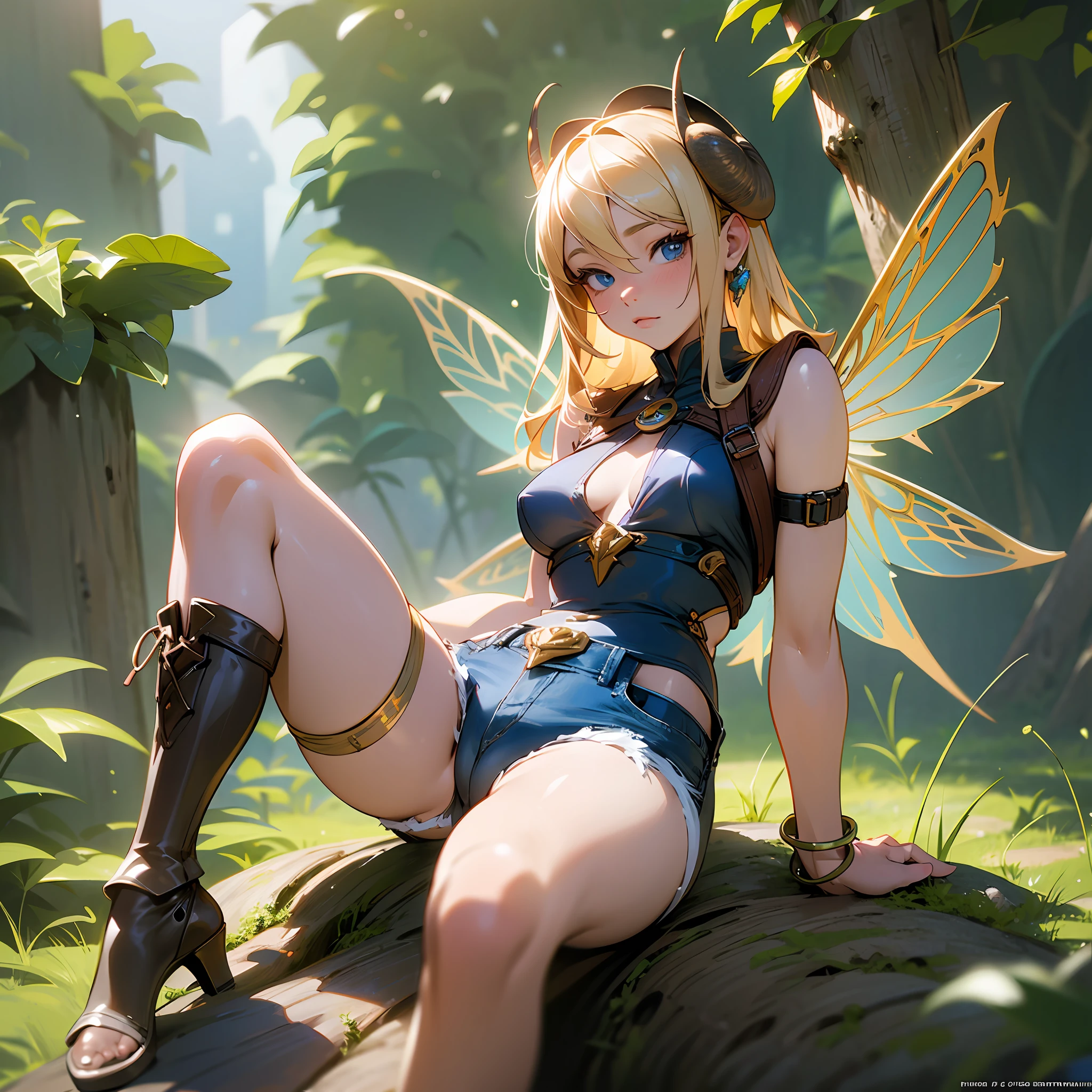 There is an 18-year-old woman, European blonde with blue eyes, realistic photo, sitting on a snail, ((cameltoe:1)), late afternoon, short girl denim shorts, mini girl shorts, Anime Girl Cosplay, realistic photography , Anime Cosplay, Realistic Photography, Realistic Cosplay Advertising Photography, Fantasy Photo Shoot, Full-Cospla, Fully Realistic, Sexy Expression, Sexy, Looking At Viewer, Sun, Light Beam, Cinematic Lighting), Jewelry, Wings naughty fairy --auto --s2