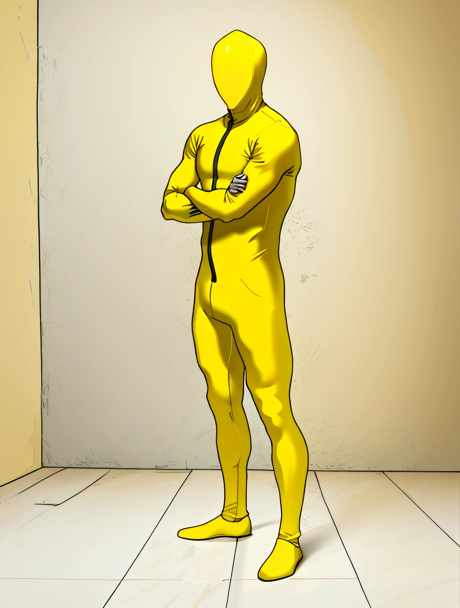 Man in yellow bodysuit, yellow body, zentai suit, full bodysuit, skin tight suit, lycra costume, tight full body suit, yellow skin, yellow jumpsuit, yellow bodysuit