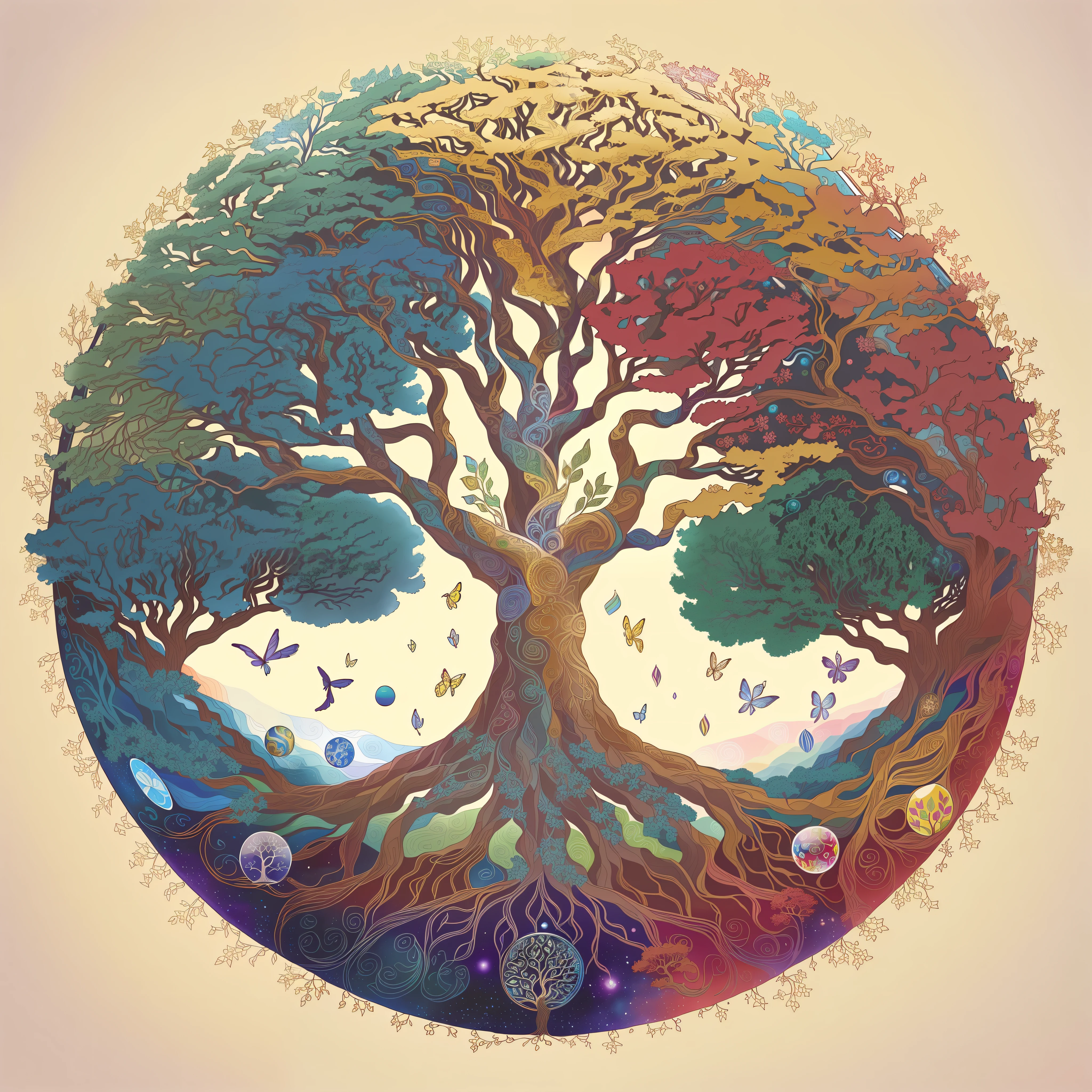 there is a picture of a tree with many different colors, tree of life seed of doubt, world tree, tree of life inside the ball, tree of life, the world tree, cosmic tree of life, the tree of life, yggdrasil, a beautiful artwork illustration, artistic illustration, fantasy tree, magical tree, beautiful detailed illustration, tree of life brains