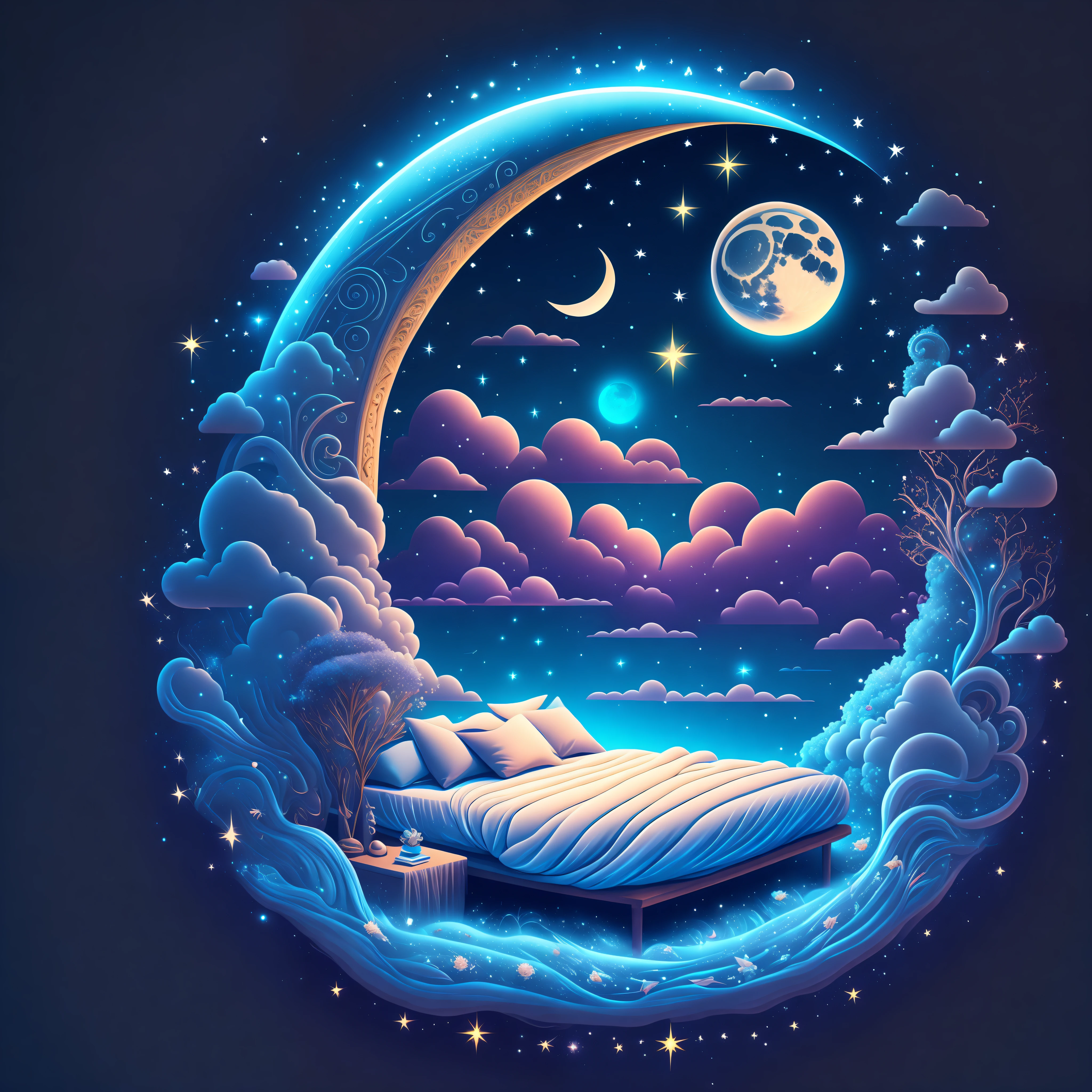 Waning moon with sleeping bed in center, night, detailed illustration, cartoon, magic elements, bright particle effects, super detailed, center, rule of thirds, clean background