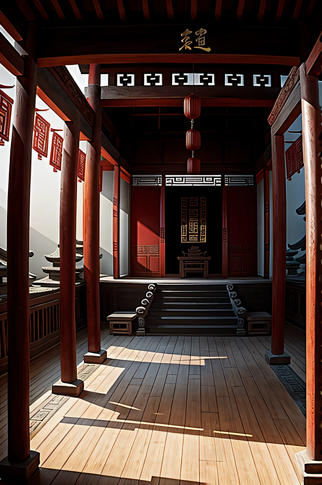 Ancient Chinese temple, facing the audience