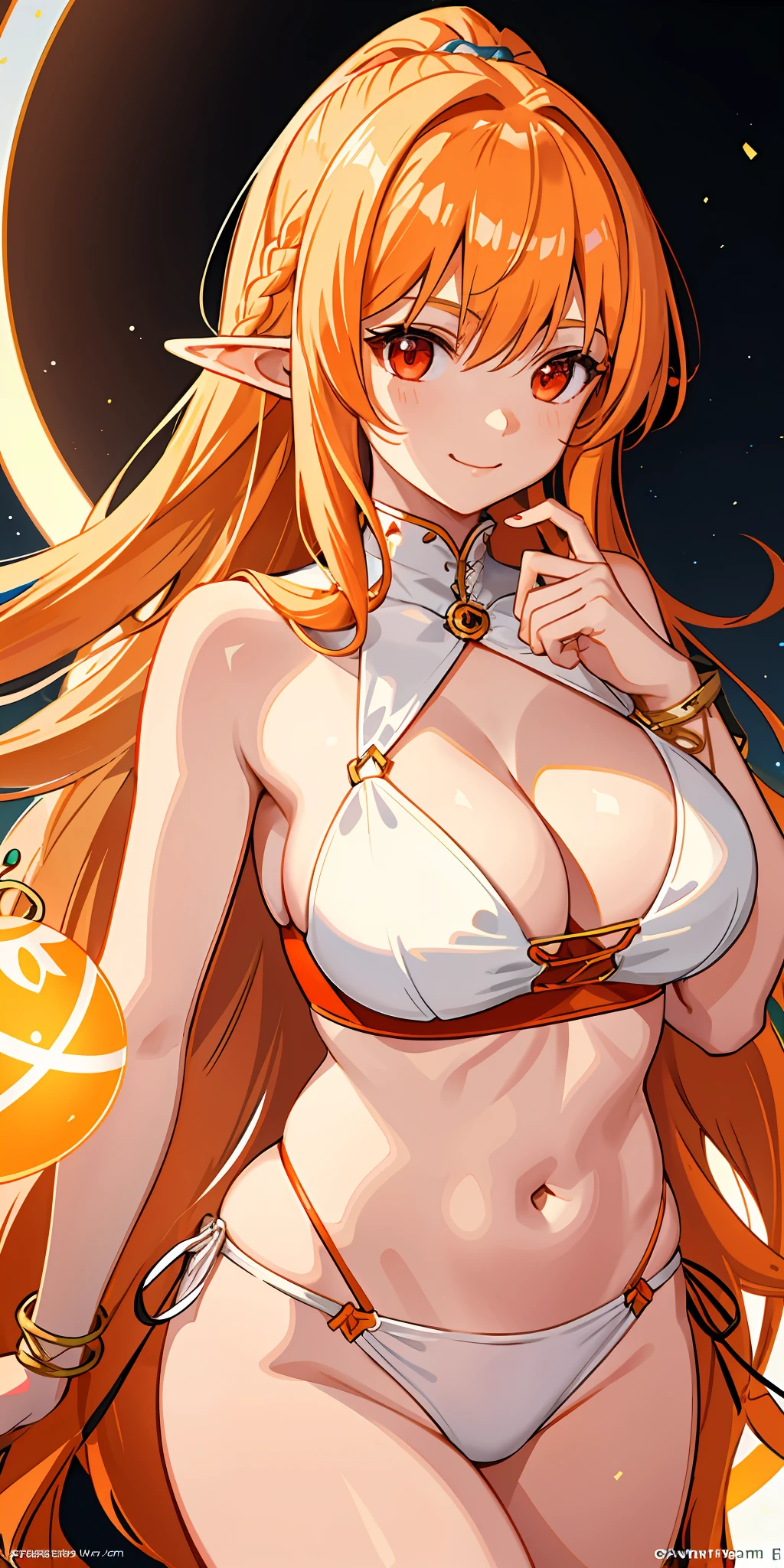 1girl, bright, light orange hair, white mesh, long hair, ponytail, red eyes, brown skin, elf, multicolored hair, saleme, head mask, side lights, light particles, wallpaper, big, plump, idol, swimsuit, loose fluffy, smile, gentle, clear, sexy,