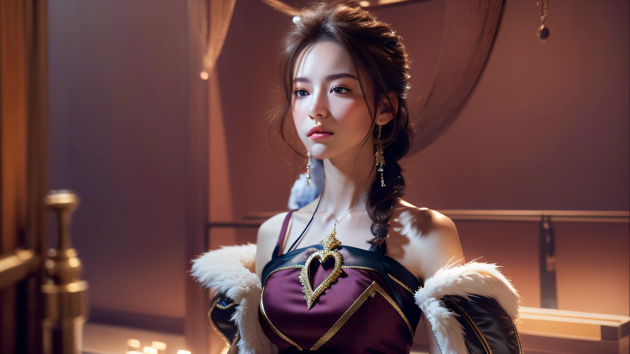 ((Top Quality, 8k, Masterpiece: 1.3)), Collarbone, RAW Photo, (Open Eyes) Portrait, Best Quality, (White Clothing) Ultra High Resolution, Realistic, Cinematic Lighting, Depth of Field, Lens Vires, Ultra Detailed Face, Highly Detailed Lips, Detailed Eyes, Double Eyelids, Detailed Facial Detail, Strict Head and Body Proportions