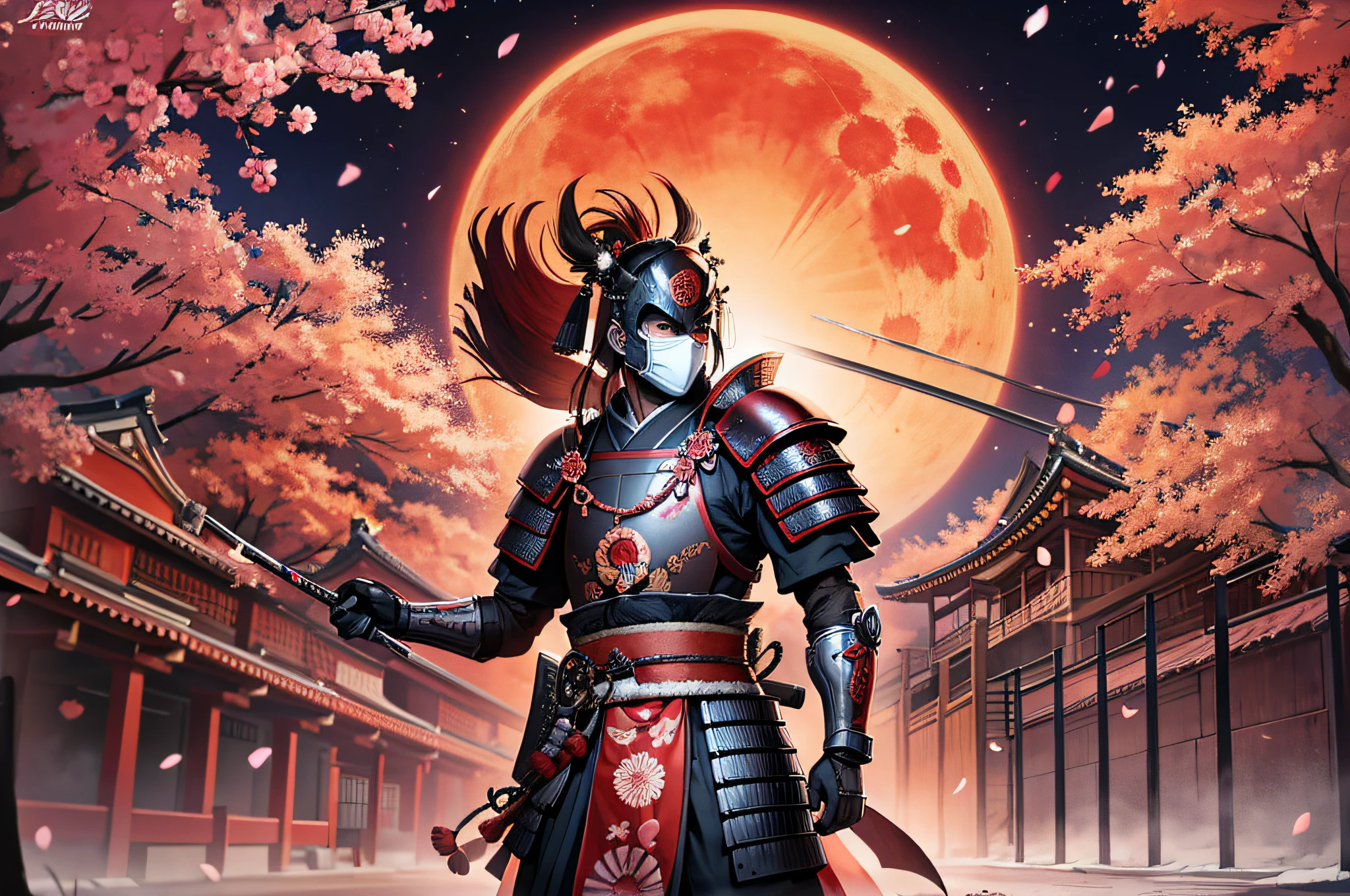 Japanese samurai armor mask katana cherry blossom temple huge red sun background ink style