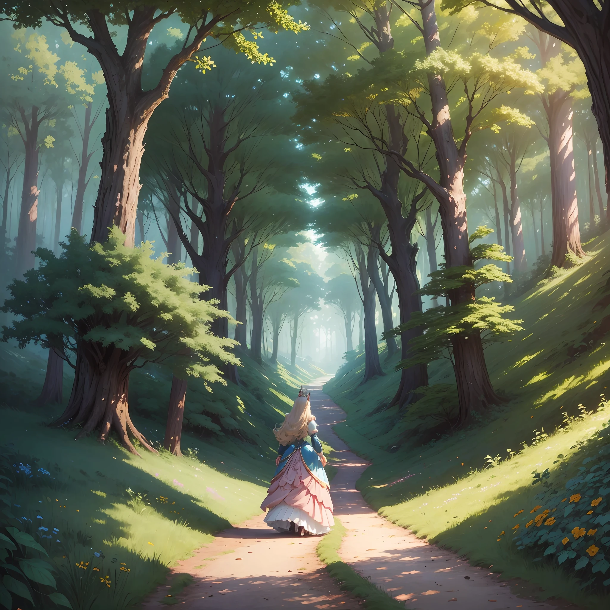 Anime - style image of a princess in European and American clothes walking through the forest, forest portal, anime lush john 8k forest, anime background art, anime nature, anime landscape concept art, dense forest, forest background dominant, camera to see princess from top to bottom, anime fantasy illustration