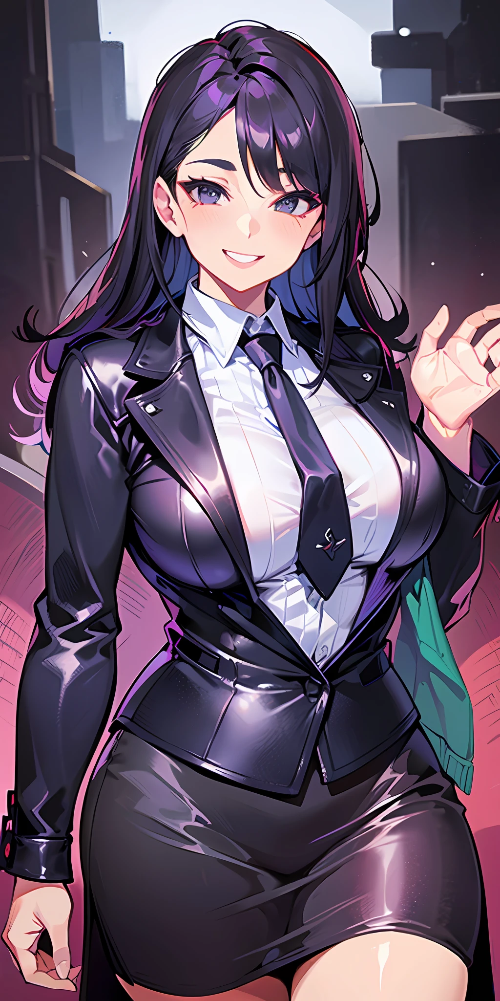 (Masterpiece: 1.6, Best Quality), (Fine and Beautiful Eyes: 1.2), (Overhead), High Quality, Beautiful Face, 1girl, Leather Tight Skirt, Extra Large Leather Jacket, Big Tits, Long Hair, Wide Hips, (Landscaped), Street, Background, Detail Background, Spooky Grin, Angled Laughter at the Corners of Mouth, Long Coat, Shirt, Tie, Office Lady, Mature