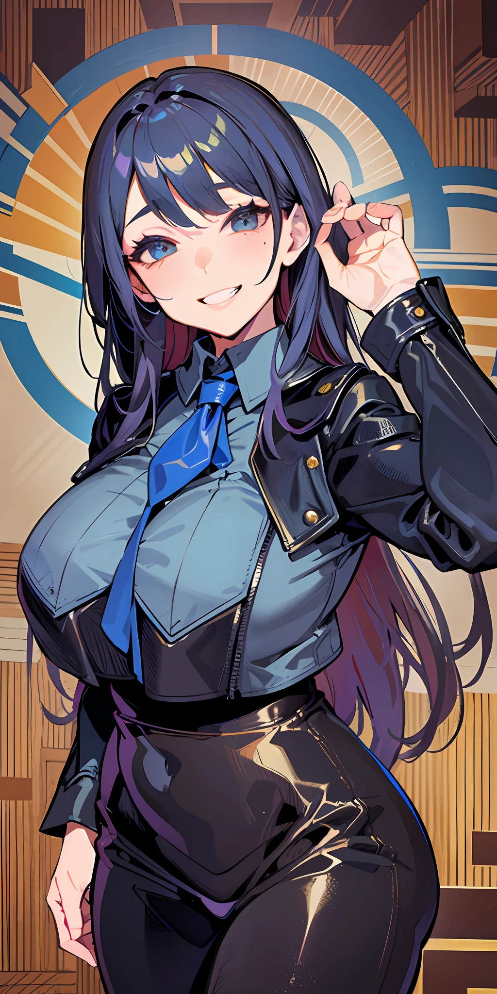 (Masterpiece: 1.6, Best Quality), (Fine and Beautiful Eyes: 1.2), (Overhead), High Quality, Beautiful Face, 1girl, Leather Tight Skirt, Extra Large Leather Jacket, Big Tits, Long Hair, Wide Hips, (Landscaped), Street, Background, Detail Background, Spooky Grin, Angled Laughter at the Corners of Mouth, Long Coat, Shirt, Tie, Office Lady, Mature