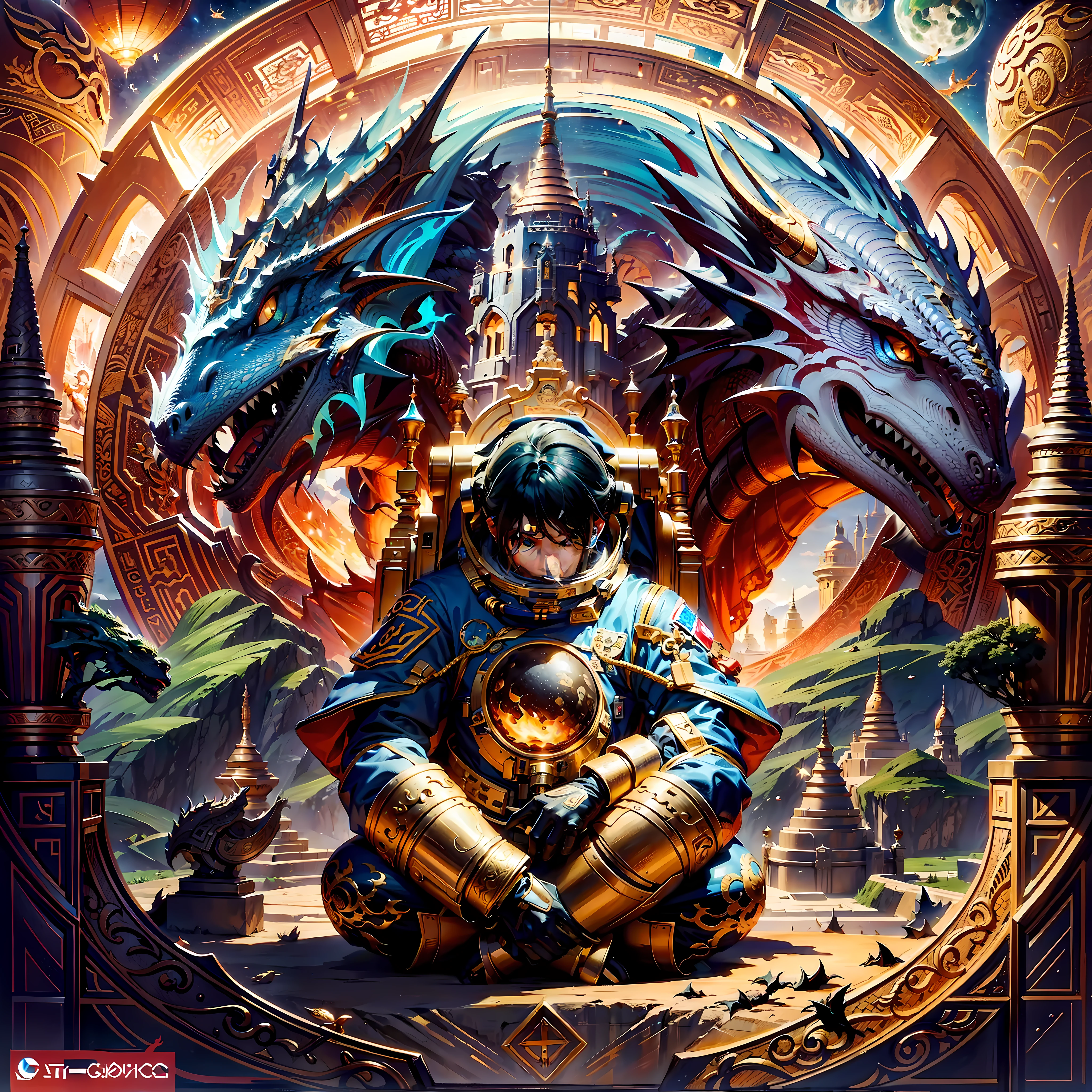artstation-v5 style,("mytholgy advance BAGAN CITY"),("photorealistic luxurious arabesque design")(elaborate intricate details on the(DRAGON AND ASTRONAUT)lavish desing)(extremely (DRAGON AND ASTRONAUT sitting)detailed), TXXA,Motifs,  masterpiece, luxurious quality,unique and mesmerizing tranding on artstation, (magnificent art), ostentatious detail