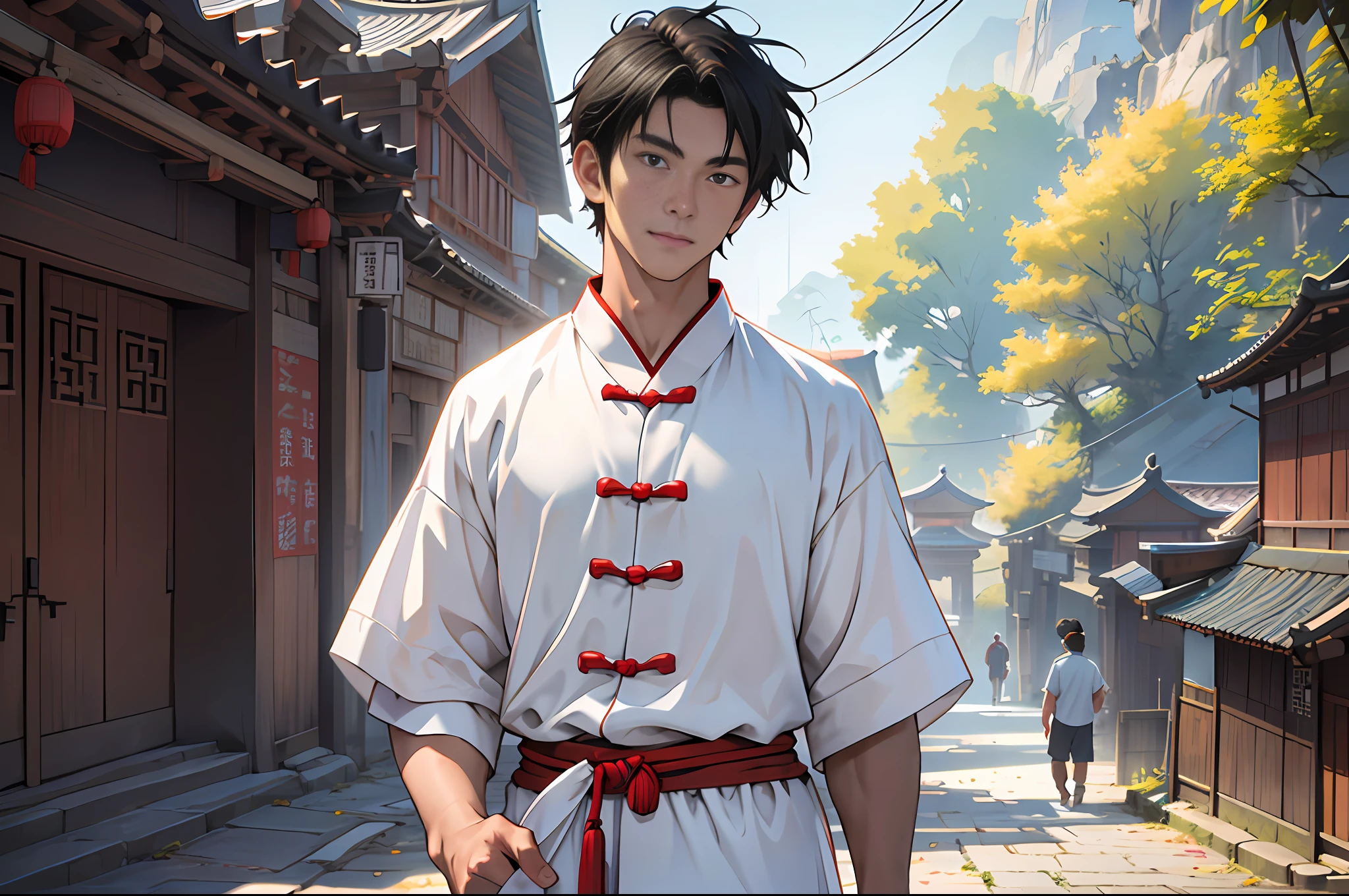 Best quality, masterpiece, high resolution, 1boy, ancient Chinese, 18 years old, short black hair, tall, white pajamas, walking on the road, 4k, 8k. Chinese ancient style. (High Detail Skin: 1.2), 8K UHD, DSLR, Soft Light, High Quality, Volumetric Light, Voyeur, Photo, High Resolution, 4K, 8K.