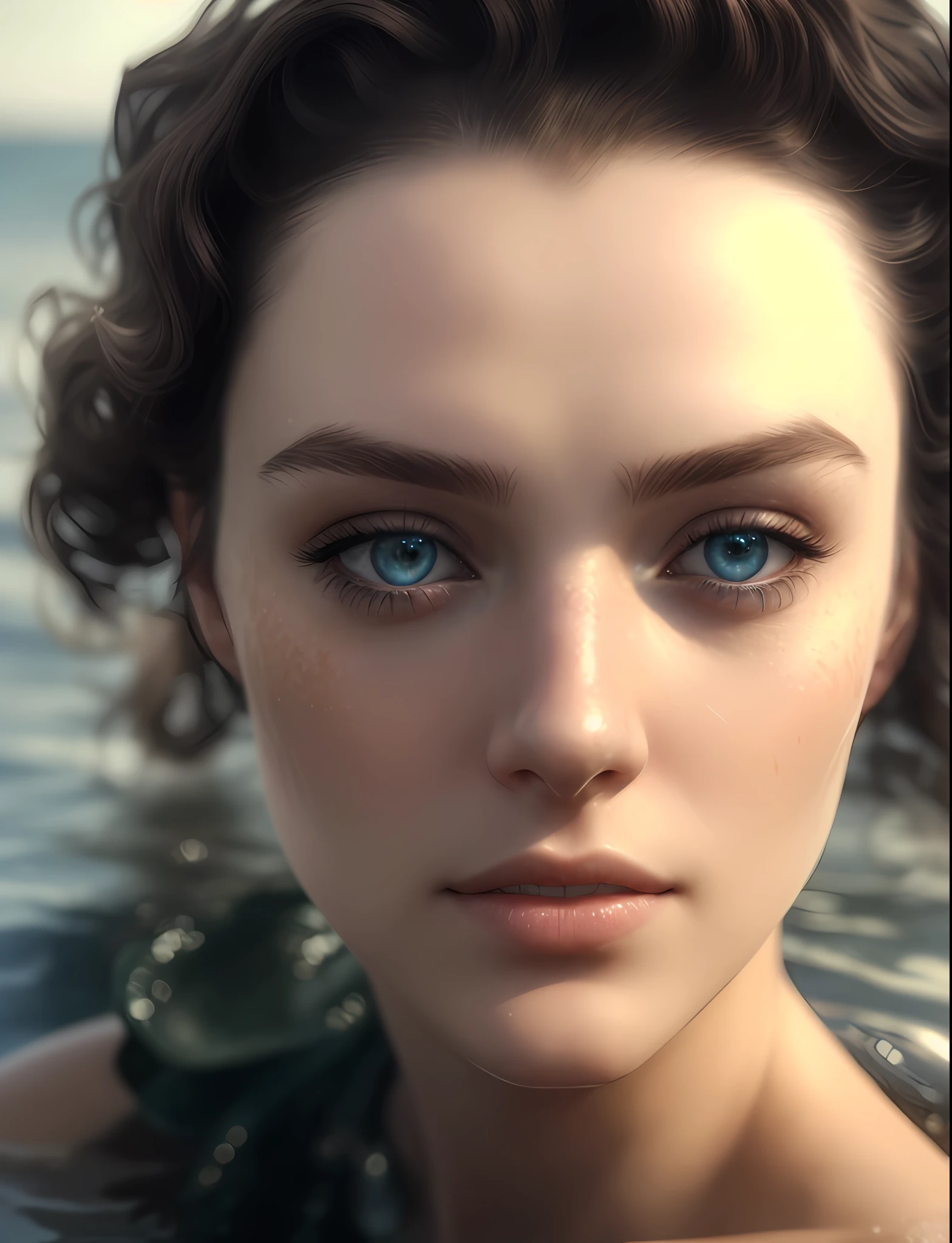 there is a woman with blue eyes in the water, cinematic realistic portrait, soft portrait shot 8 k, 8k portrait render, realistic digital art 4 k, realistic digital art 4k, highly detailed vfx portrait, 8 k realistic digital art, elegant photorealistic cinematic, realistic fantasy render, amazing photorealistic graphics, 4k highly detailed digital art, realistic face moody lighting